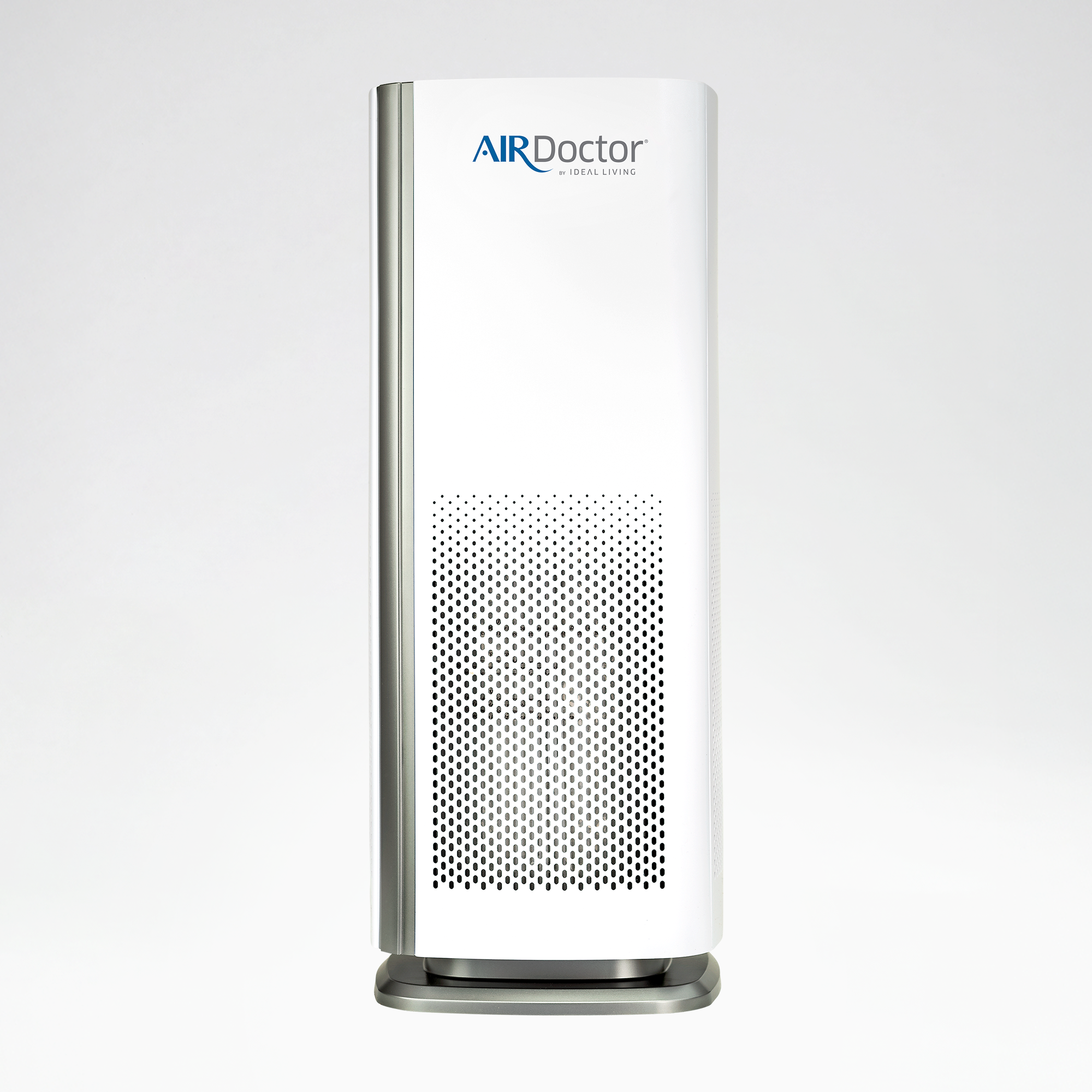 White AirDoctor 1000 upright air purifier with a perforated lower intake and gray base