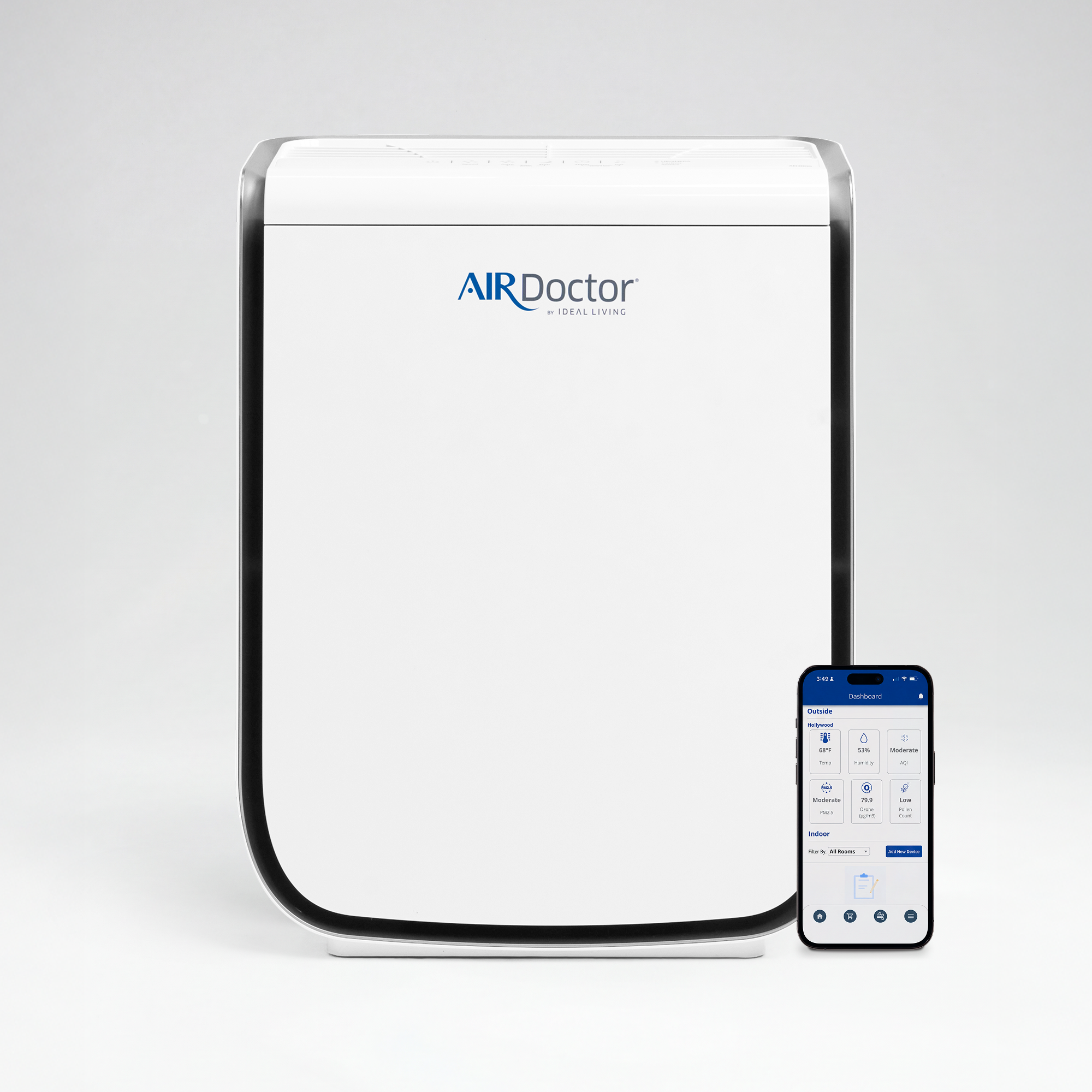 AirDoctor AD2000 Smart purifier in white with an app illustration beside it.