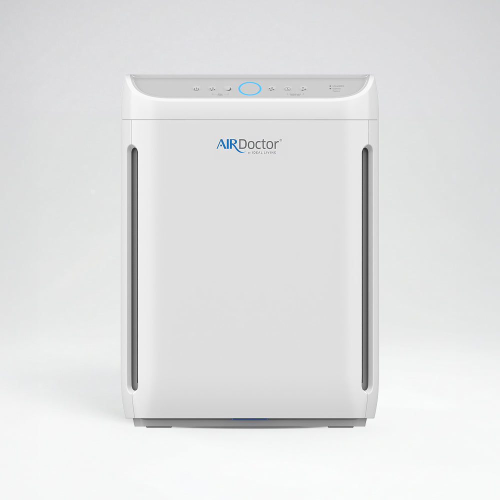 AirDoctor GO! portable purifier shown front-facing on a pale background.