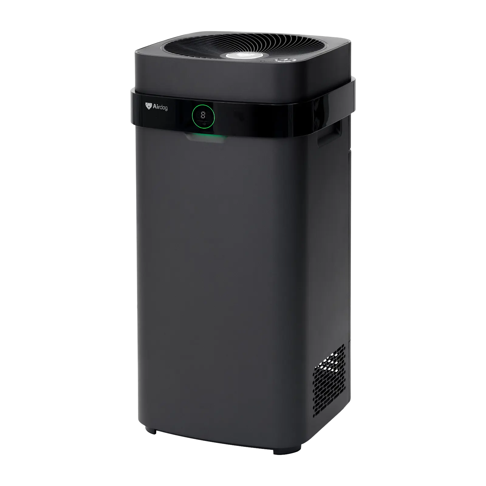 Black Airdog X5+ purifier with circular front display, exact-model manufacturer render