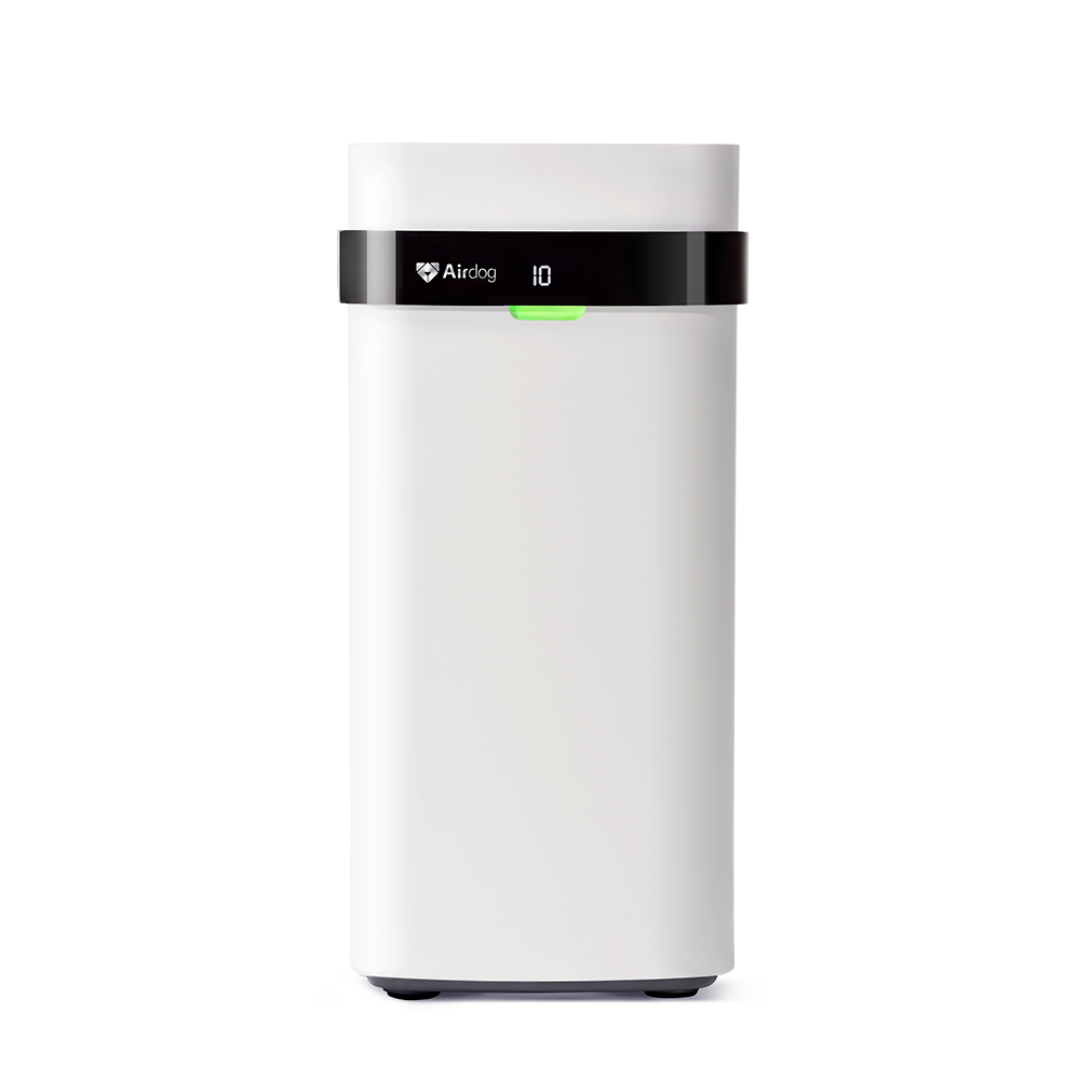 White Airdog X5 purifier with black front control band, exact-model manufacturer render
