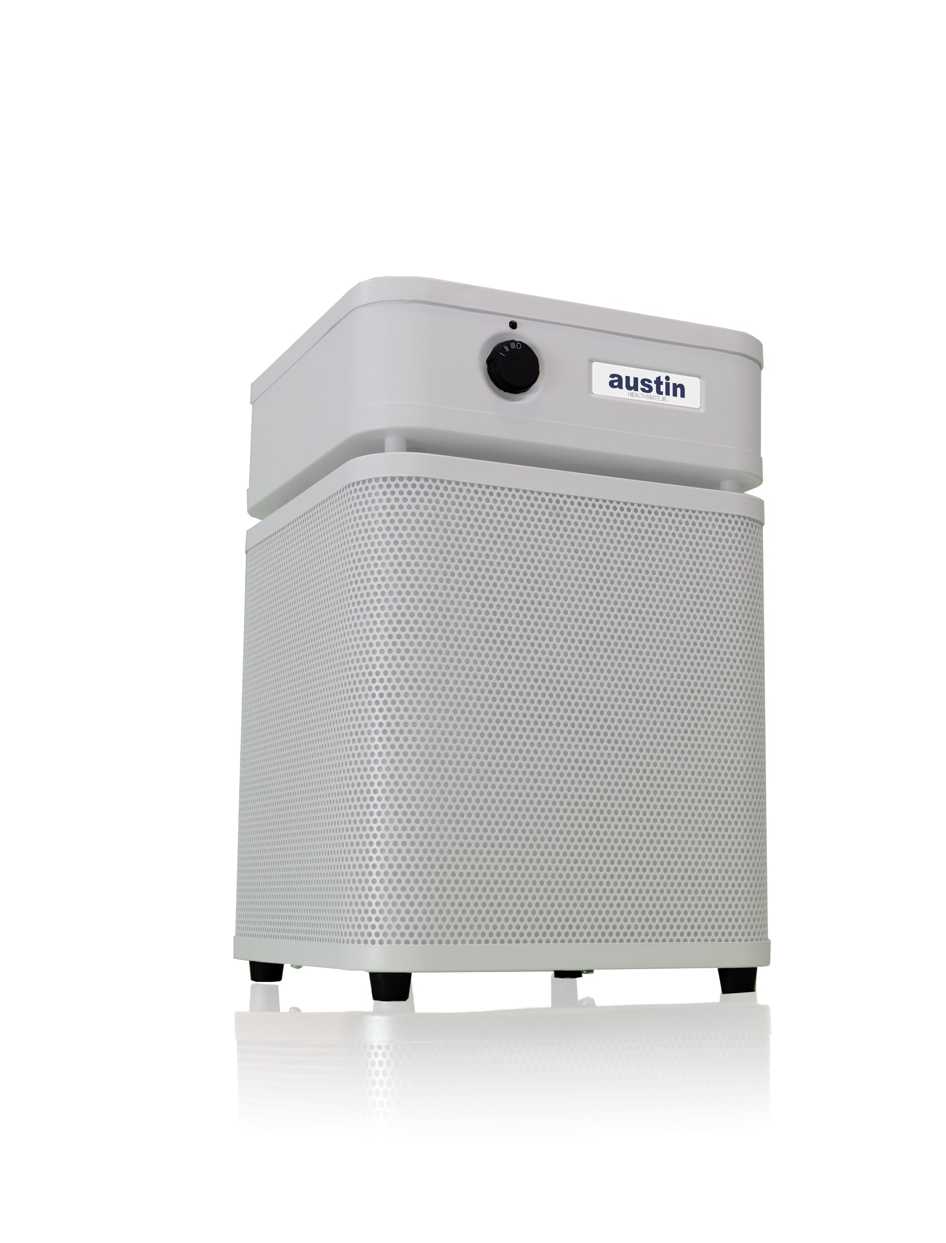 Purificador de gabinete blanco Austin Air HealthMate Junior con selector local y carcasa de acero perforado