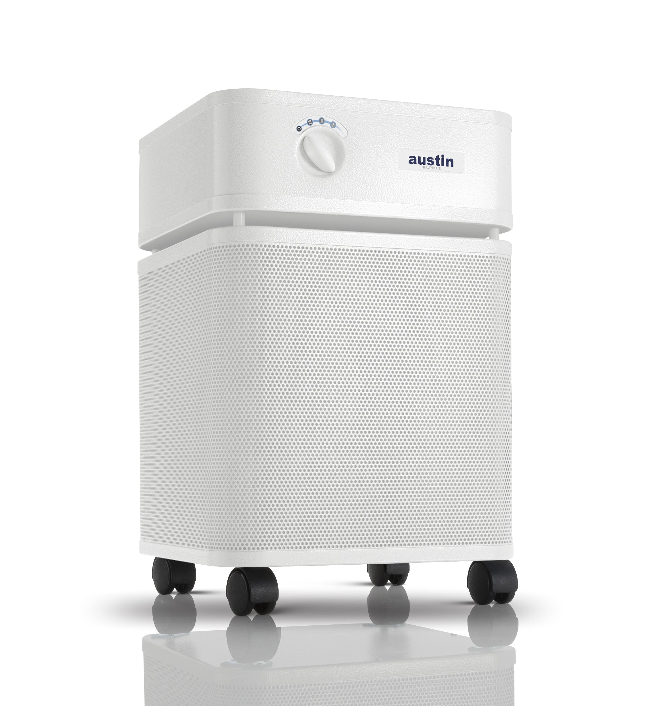 Purificador de gabinete blanco Austin Air HealthMate con entrada perforada y selector frontal de velocidad