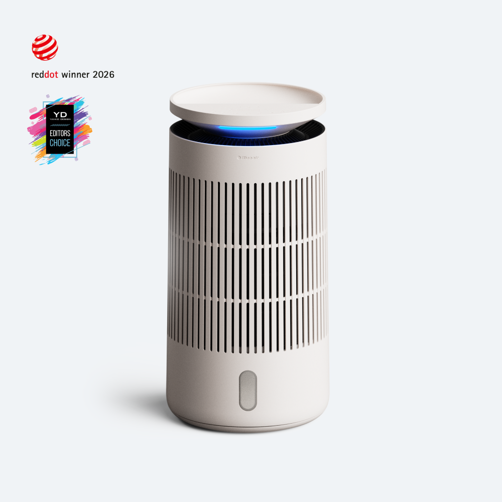 Beige Blueair 2-in-1 Pro DH5i purifier-humidifier with vertical intake slots and round top outlet