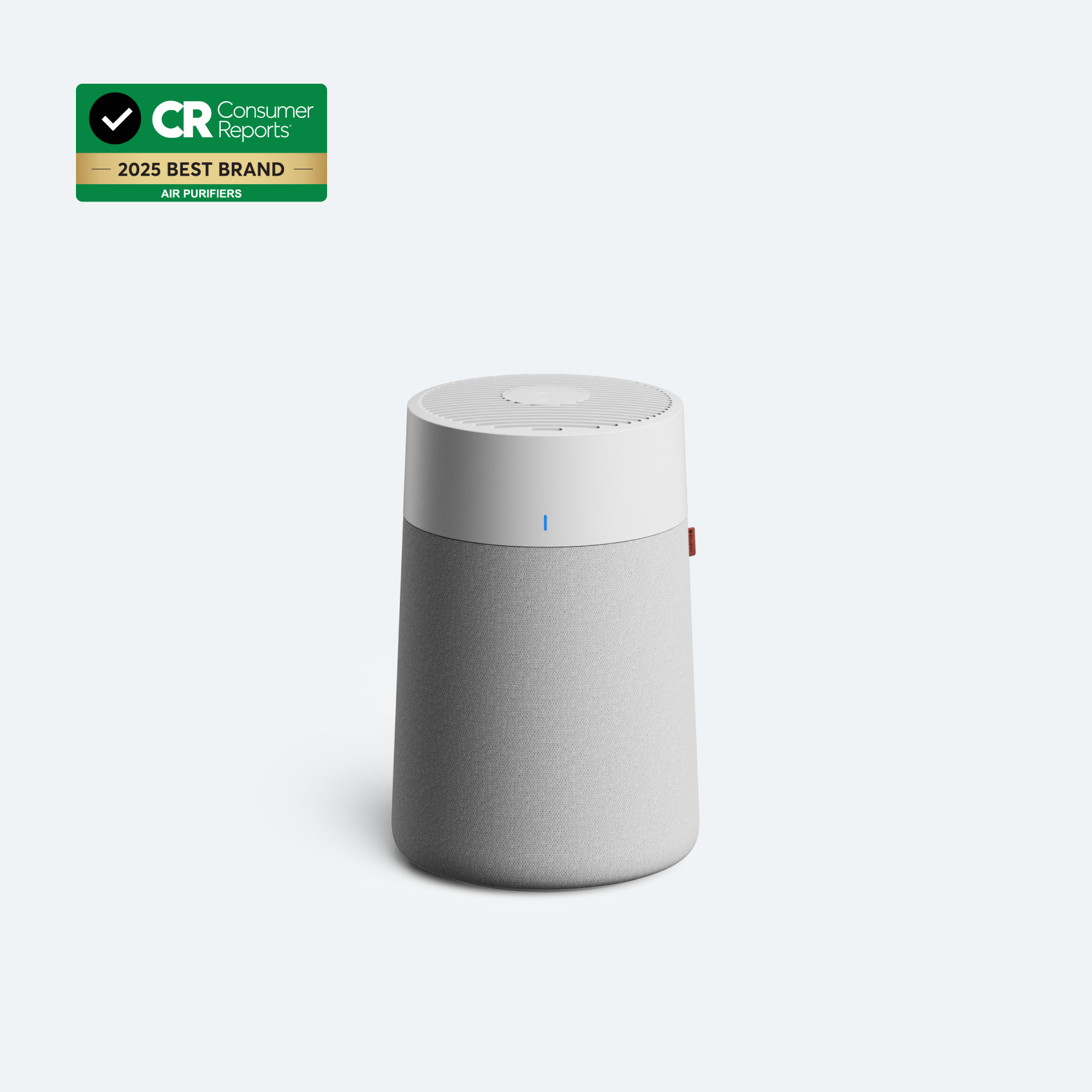 White compact Blueair Blue Pure 511i Max purifier with gray washable fabric pre-filter and top outlet