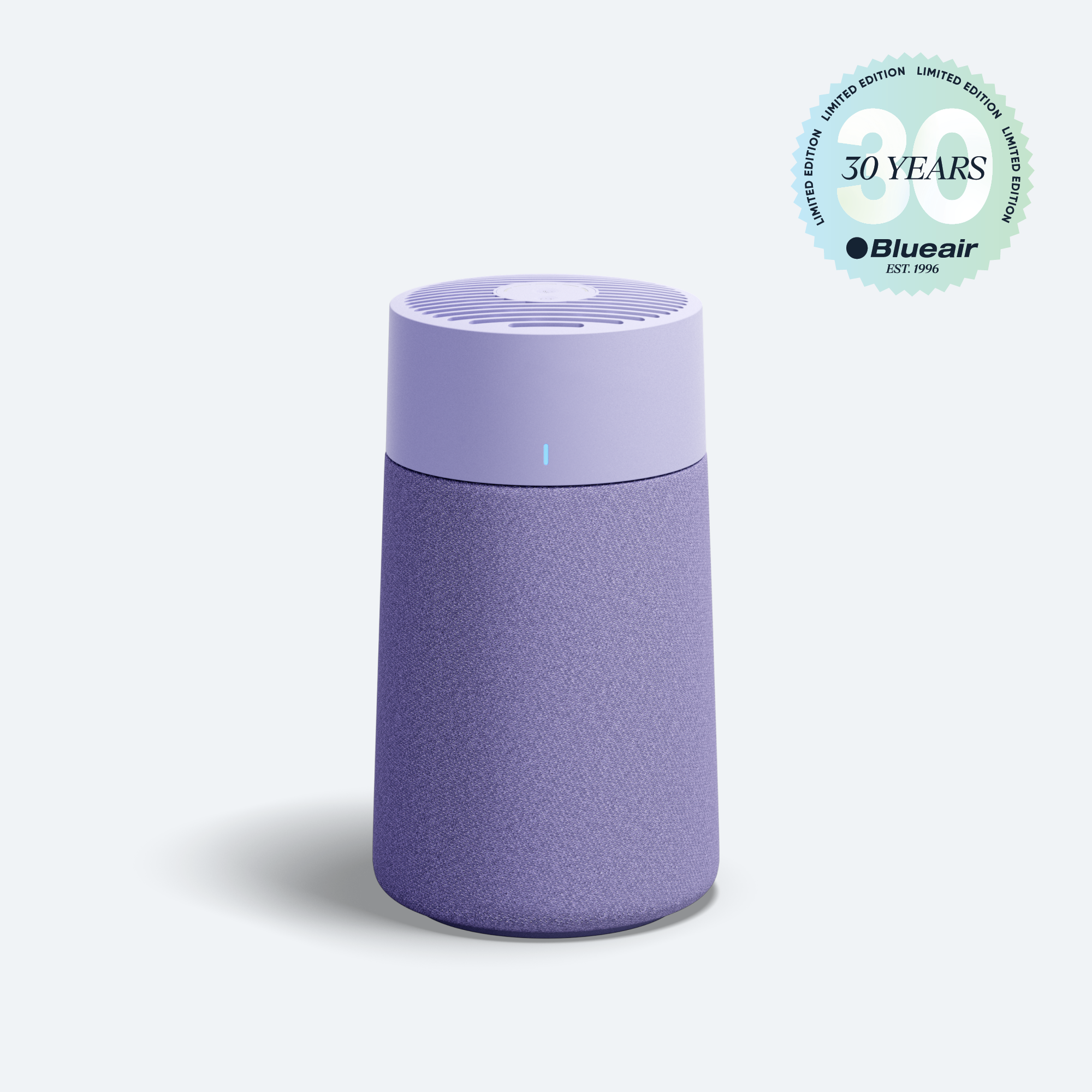 Lavender Blueair Blue Pure Mini Max Auto with matching fabric pre-filter, top air outlet and 30-year Limited Edition badge