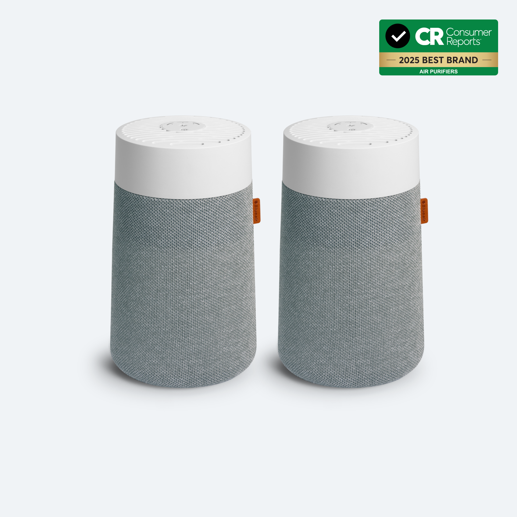 Two white Blueair Blue Pure Mini Max purifiers with gray fabric sleeves, shown in the exact two-unit bundle render