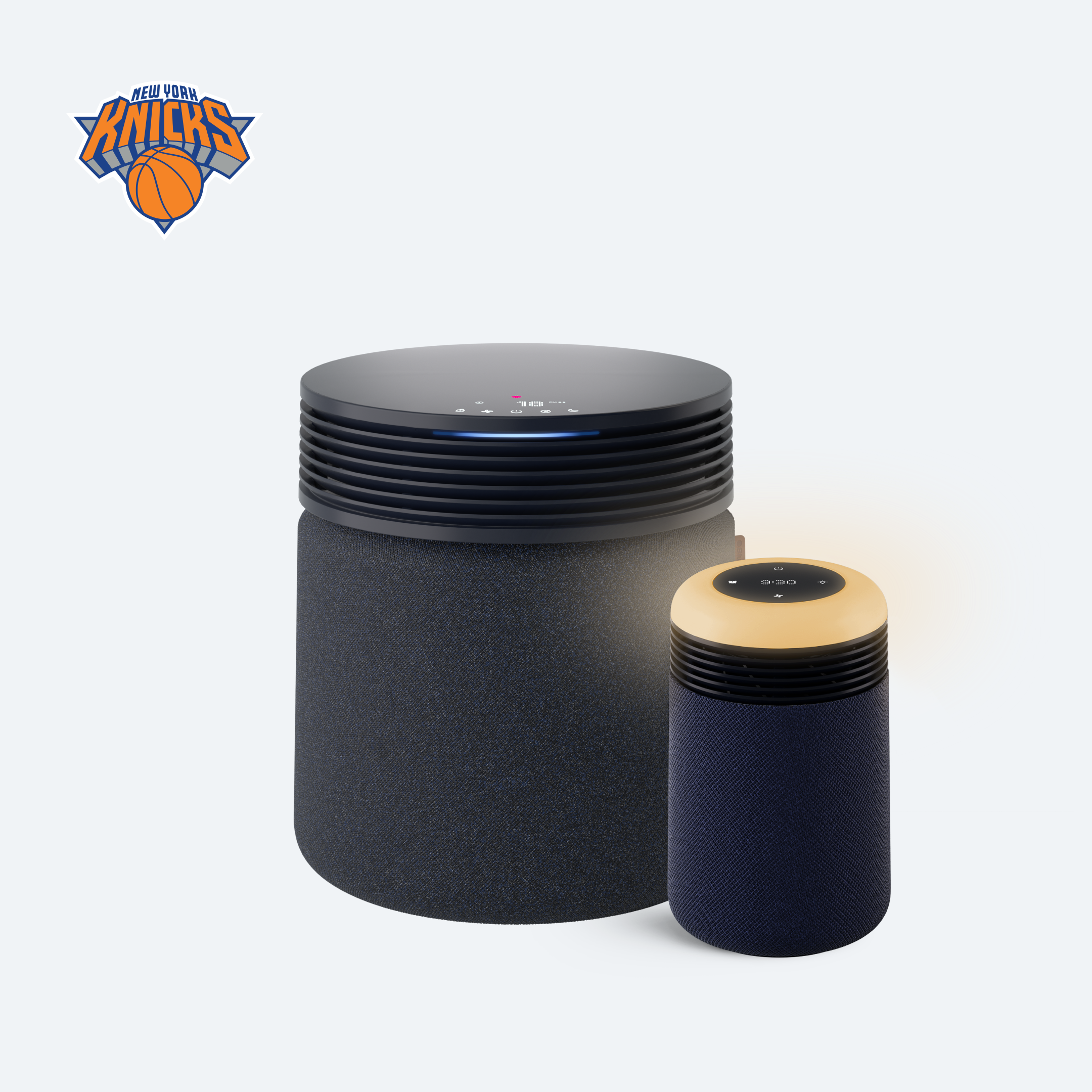Blueair Sleep Athlete Bundle Large promotional render showing a Blue Signature Large purifier beside a Mini Restful sunrise-clock purifier; a New York Knicks promotional badge appears in the image.