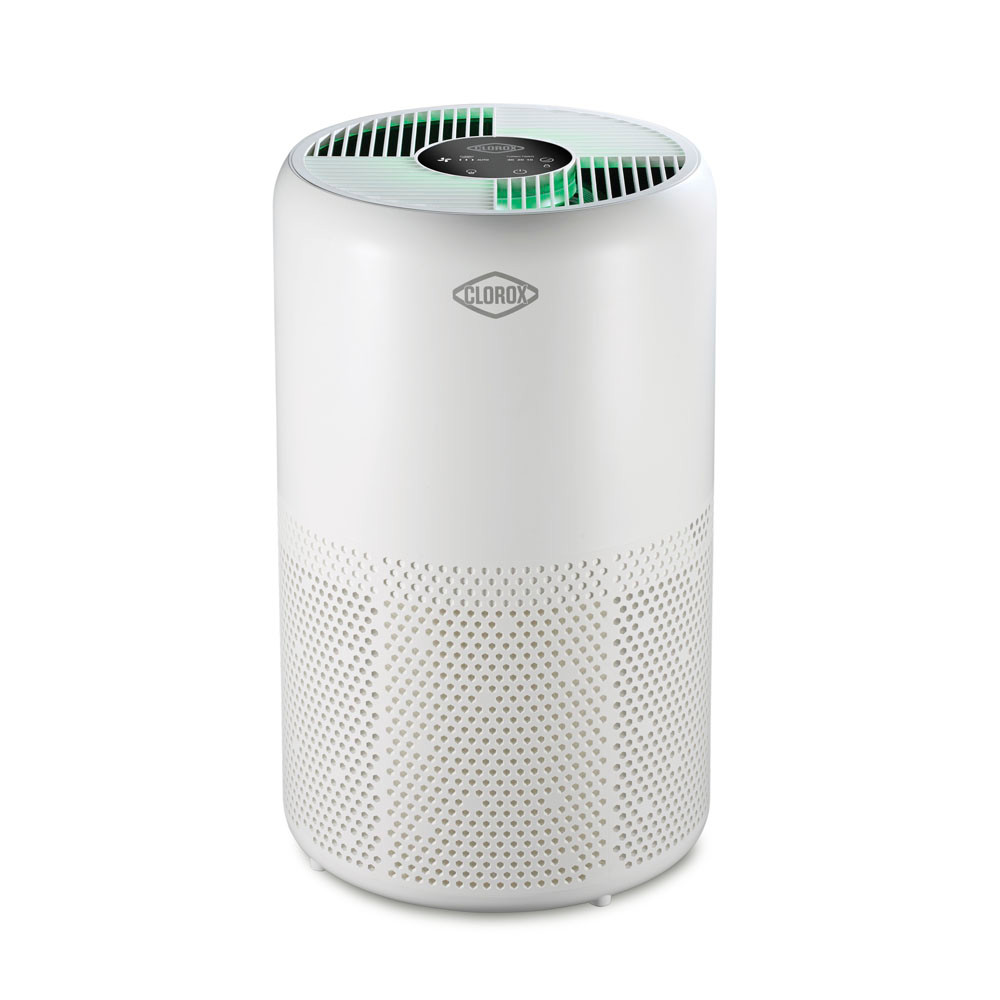 White cylindrical Clorox Large Room Turbo+ air purifier, model 11091, with green color-indicator lighting at the top
