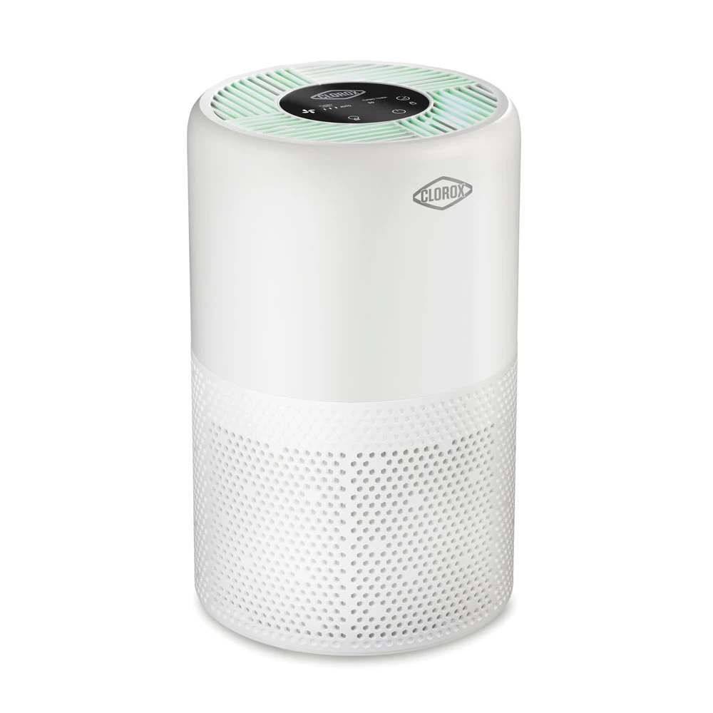 White cylindrical Clorox Medium Room Turbo+ air purifier, model 11071, with black top controls, green indicator light and perforated lower intake.