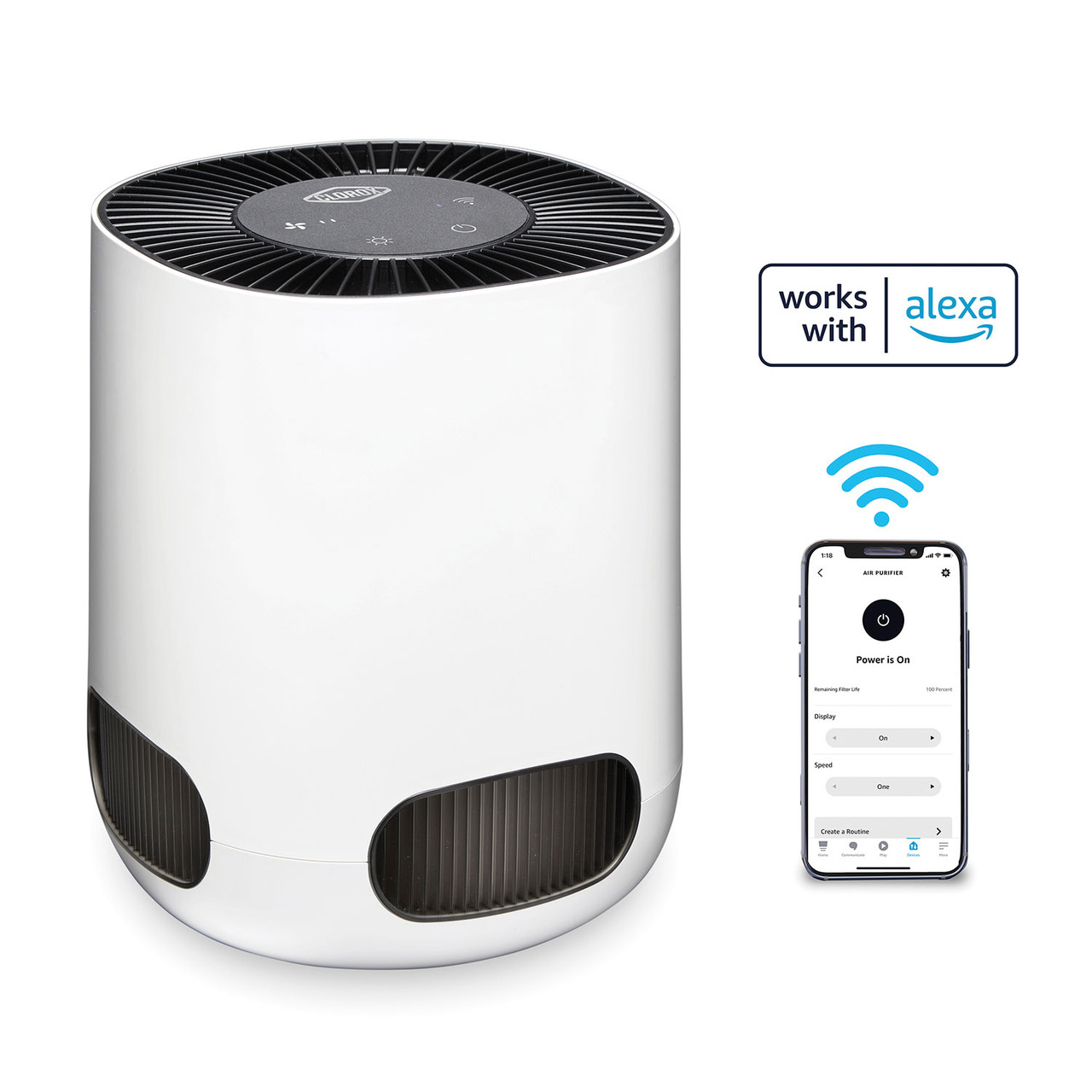 Purificador de aire True HEPA Smart Tabletop blanco Clorox, modelo 11021, con su panel de control superior y un gráfico de control mediante teléfono.
