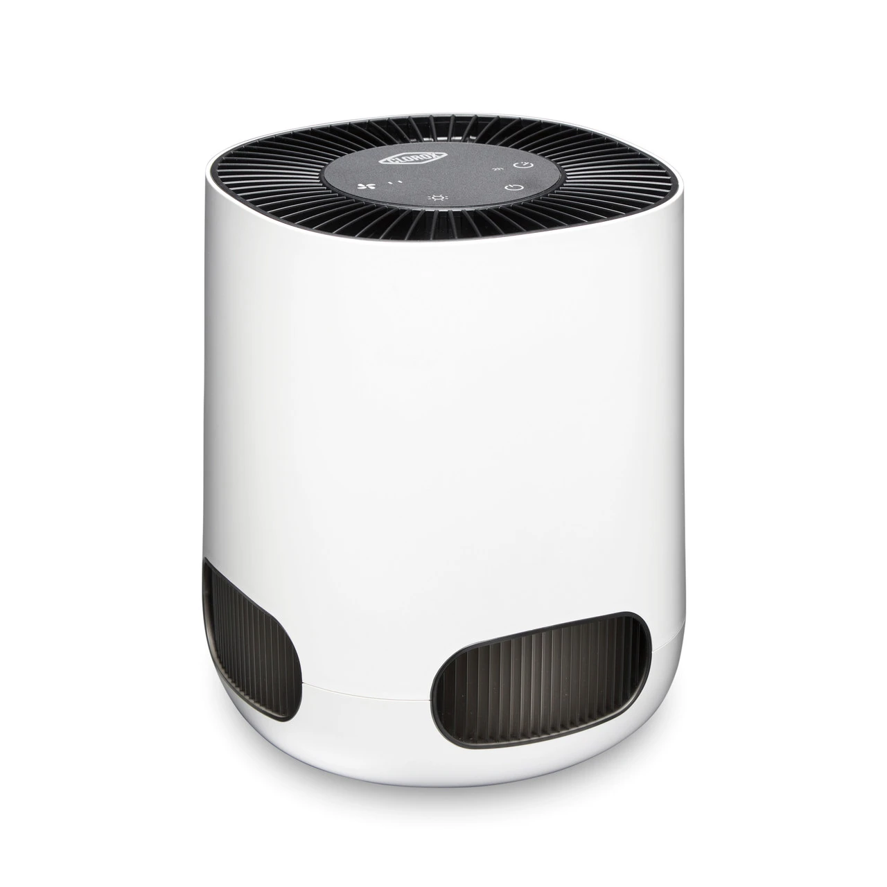 Purificador de aire True HEPA de sobremesa blanco Clorox, modelo 11020J, visto de frente y desde arriba.