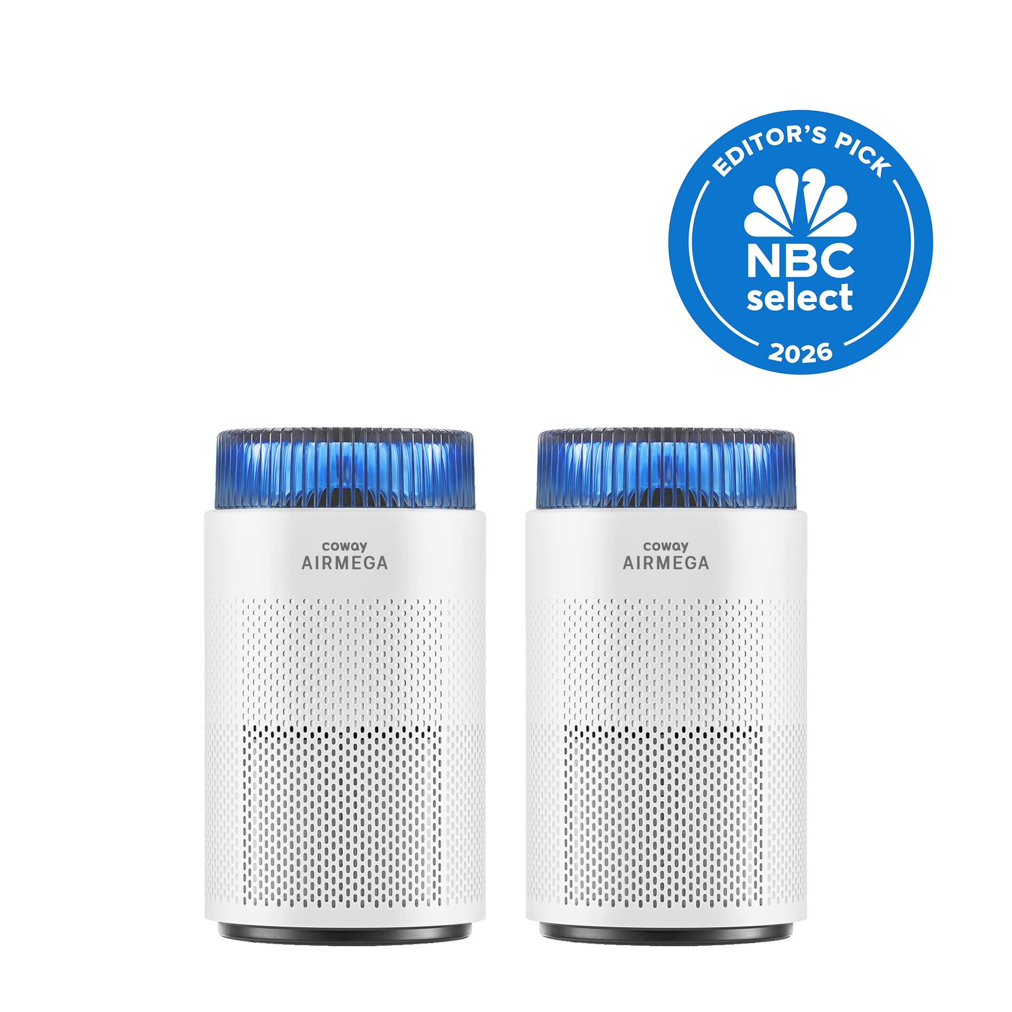 Two white Coway Airmega 100 purifiers, official two-unit bundle render