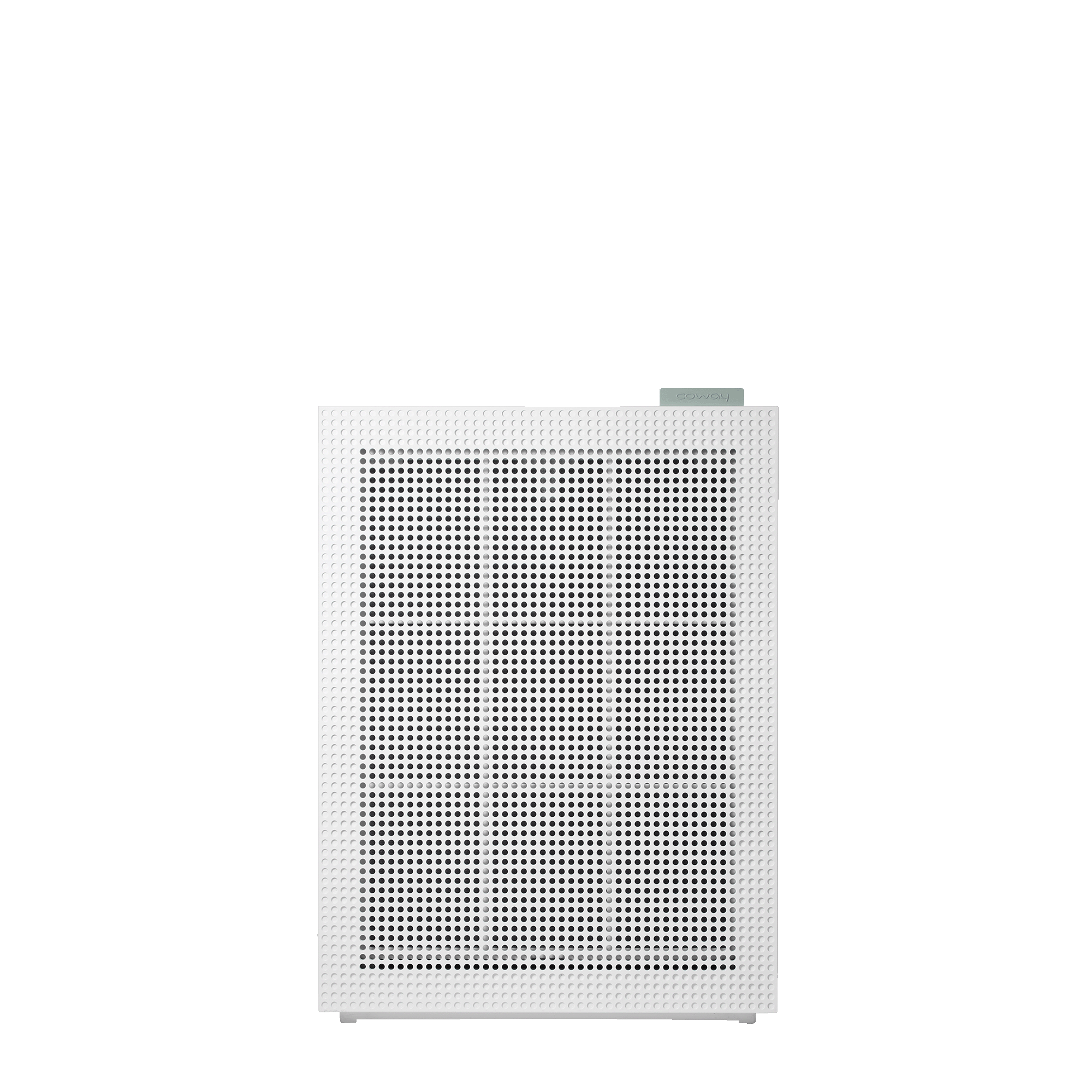 Dove White Coway Airmega 150 front view with perforated intake, manufacturer render