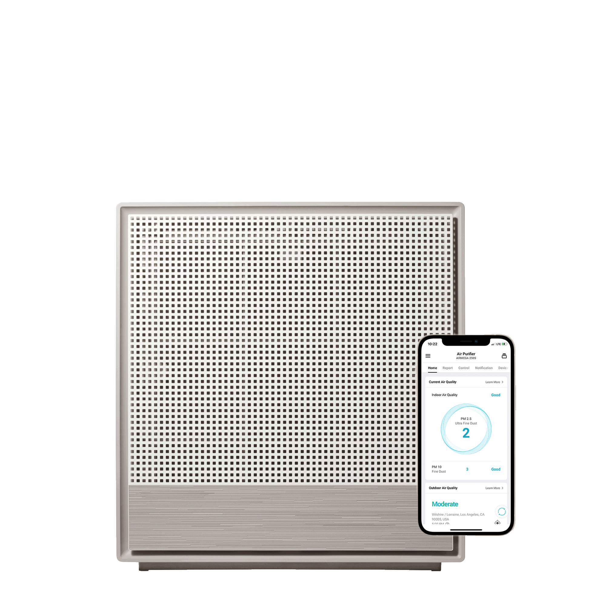 Coway Airmega 250S AP-1720G with front grille and a phone mockup showing the IoCare+ air-quality app