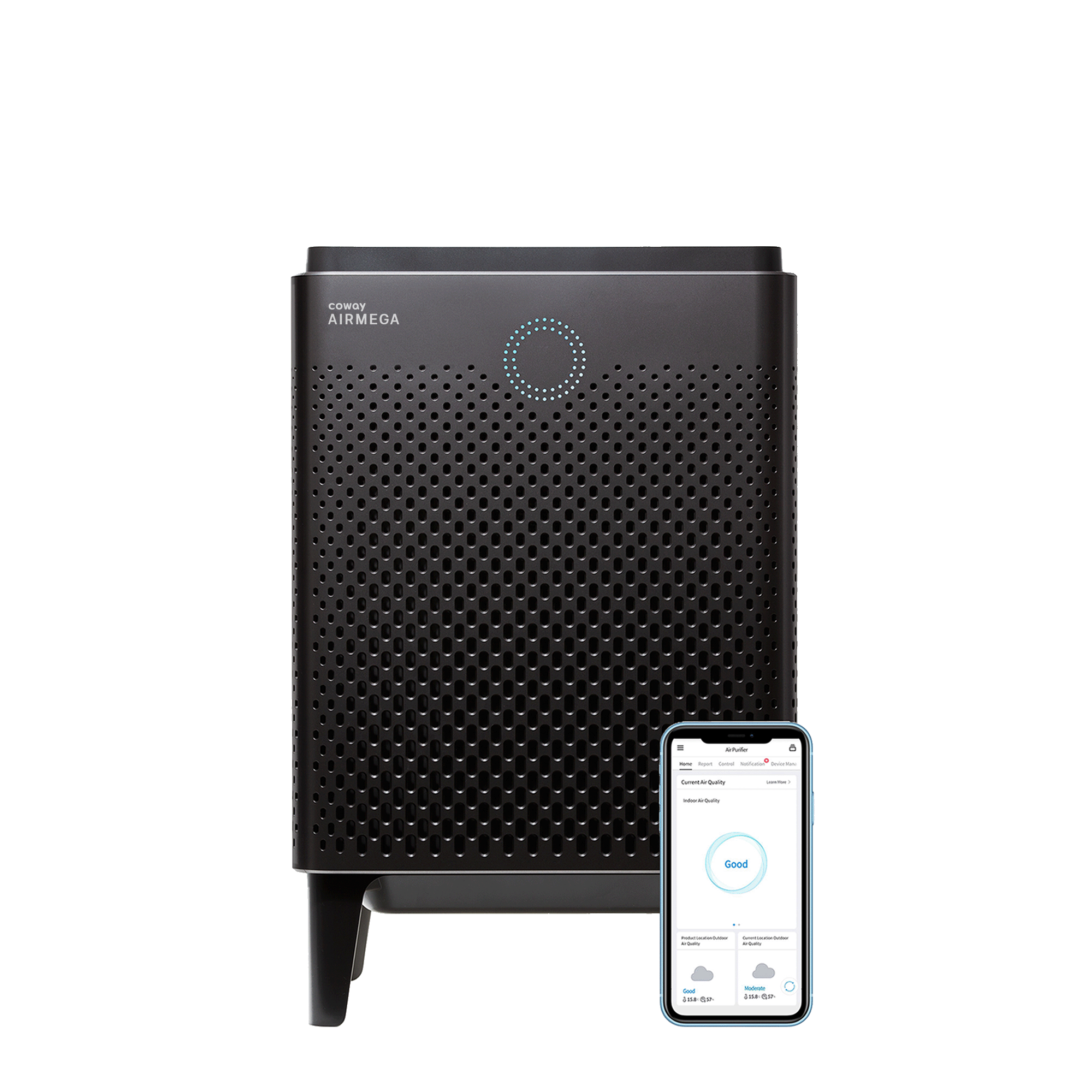 Graphite Coway Airmega 400S with the app shown in Coway’s exact manufacturer render