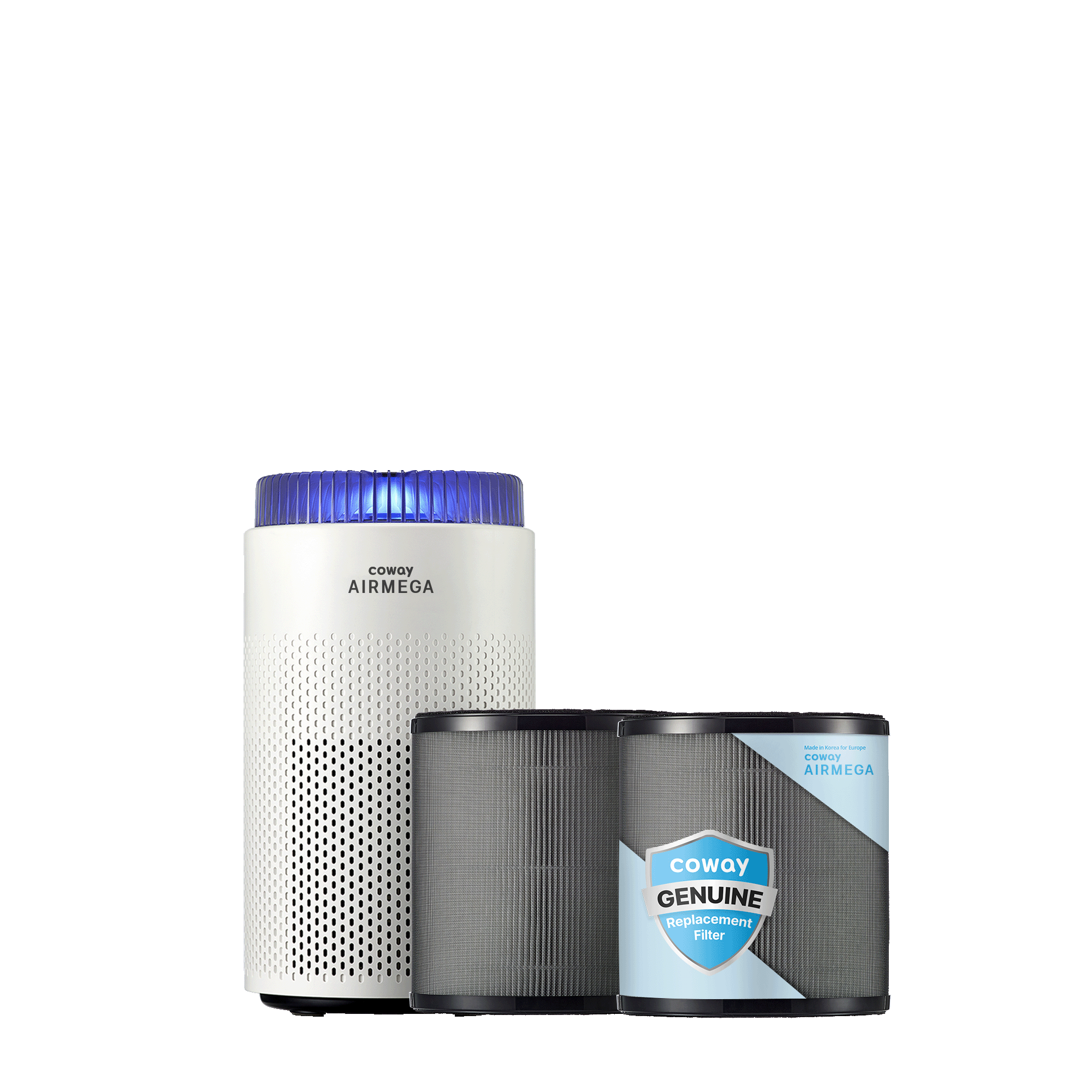 White Coway Airmega 50 with the replacement-filter bundle shown on its exact U.S. offer page