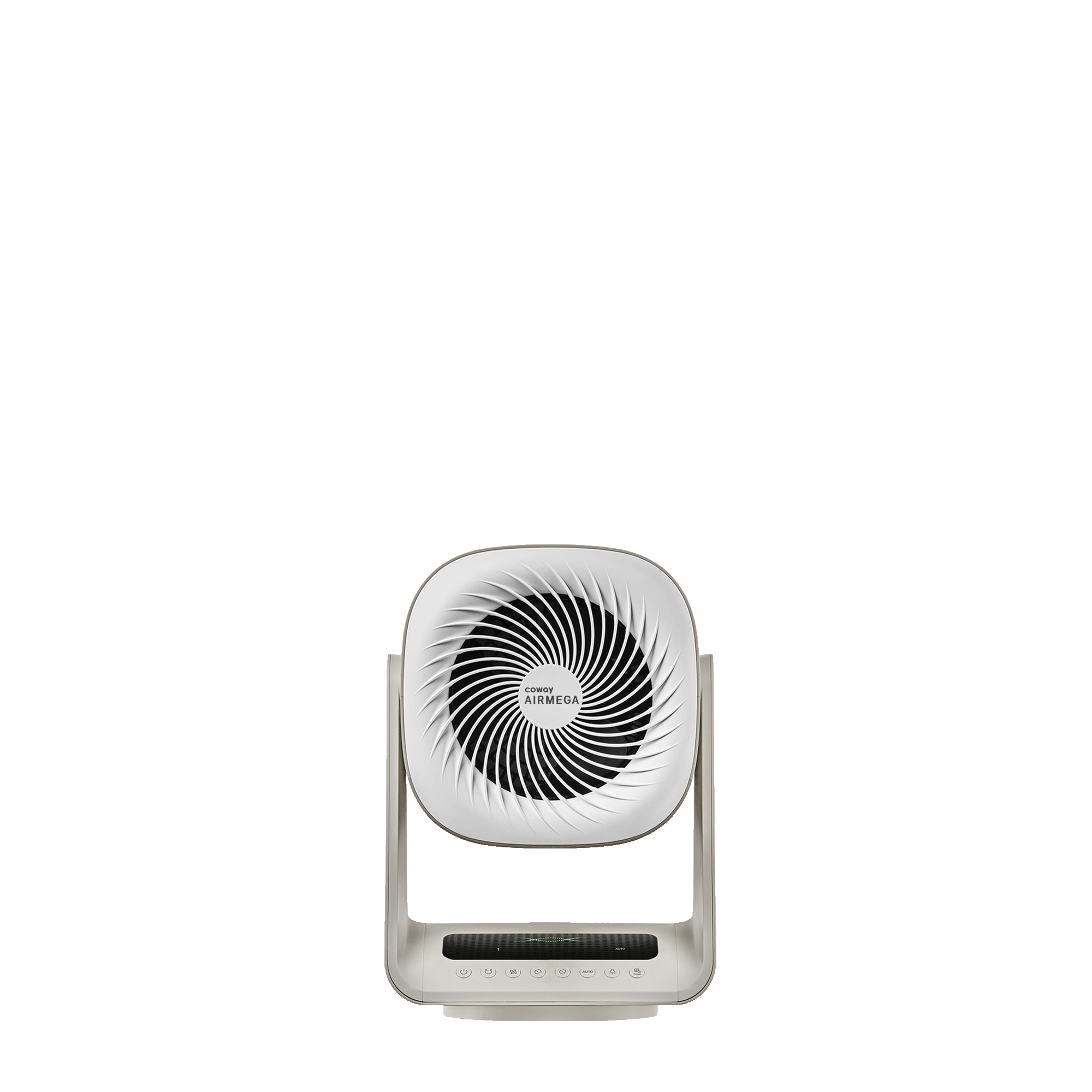 Coway Airmega Aim Marshmallow Gray purifier-fan render showing front grille, touch controls, and base