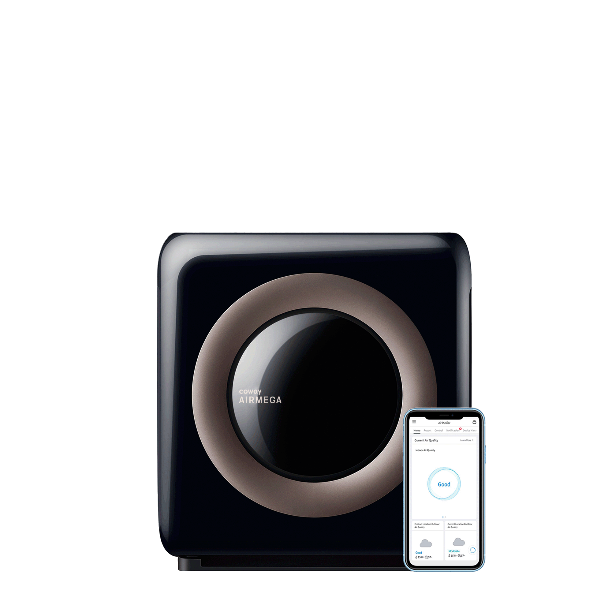 Coway Airmega MightyS AP-1512HHS with a phone showing the IoCare+ app screen in Coway’s manufacturer render