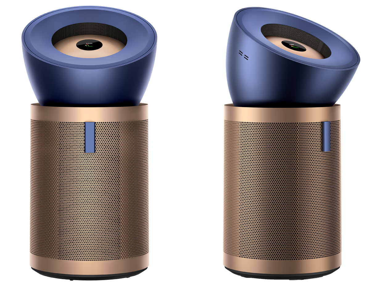 Dyson Purifier Big+Quiet Formaldehyde BP04 in Prussian Blue and Gold, shown from front and side.