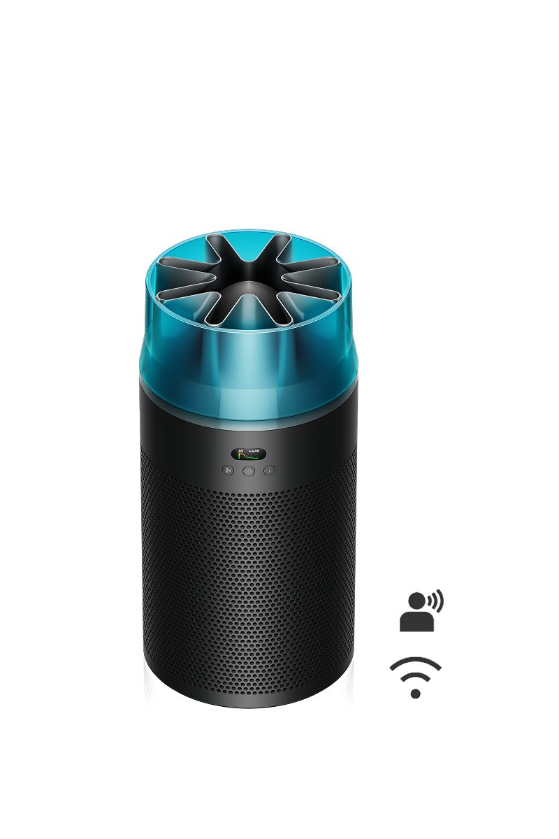 Dyson HushJet Purifier Compact HJ10 in Black/Teal, with a teal star-shaped outlet nozzle against a white background