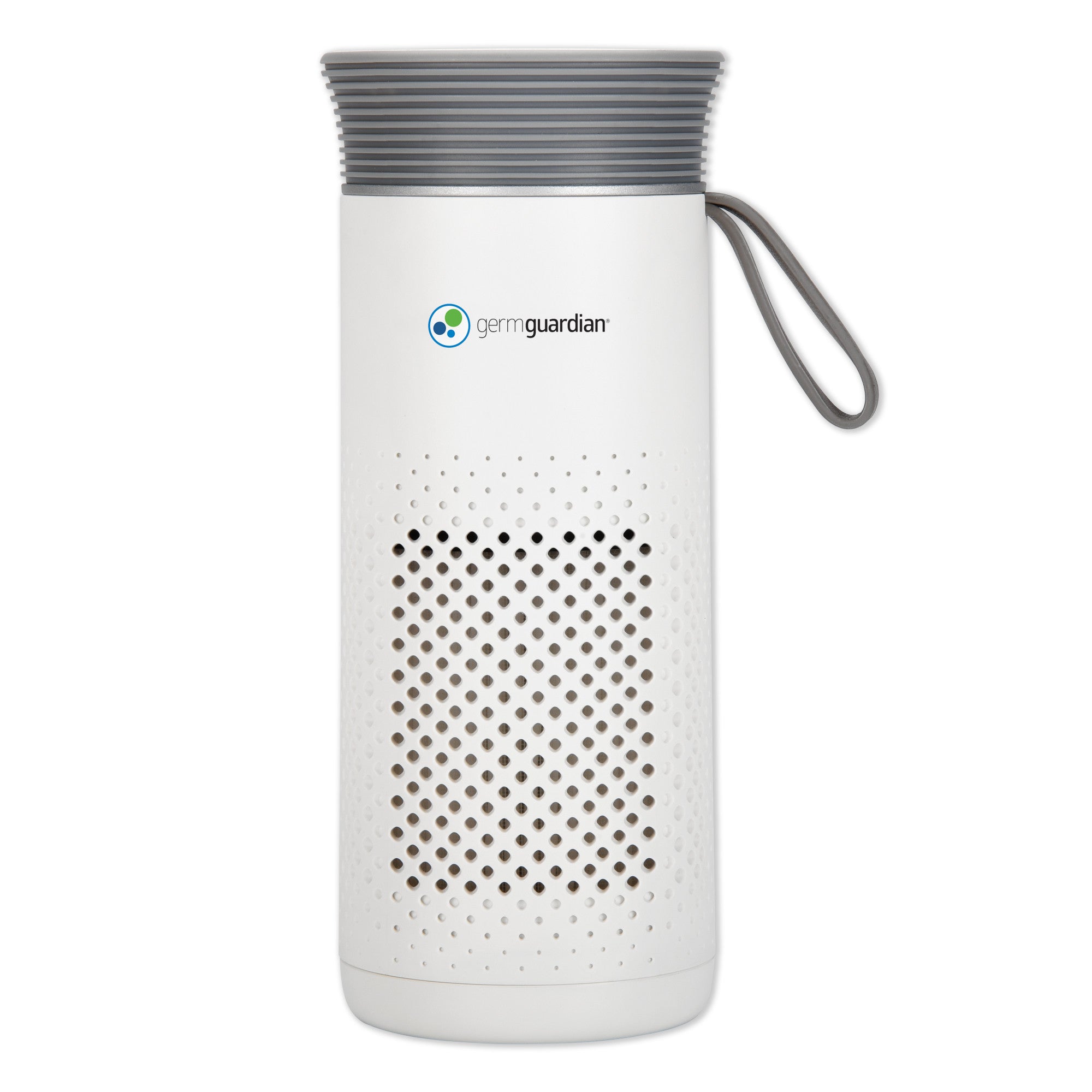 Purificatore portatile da tavolo White GermGuardian AC085 con parte superiore grigia e tracolla