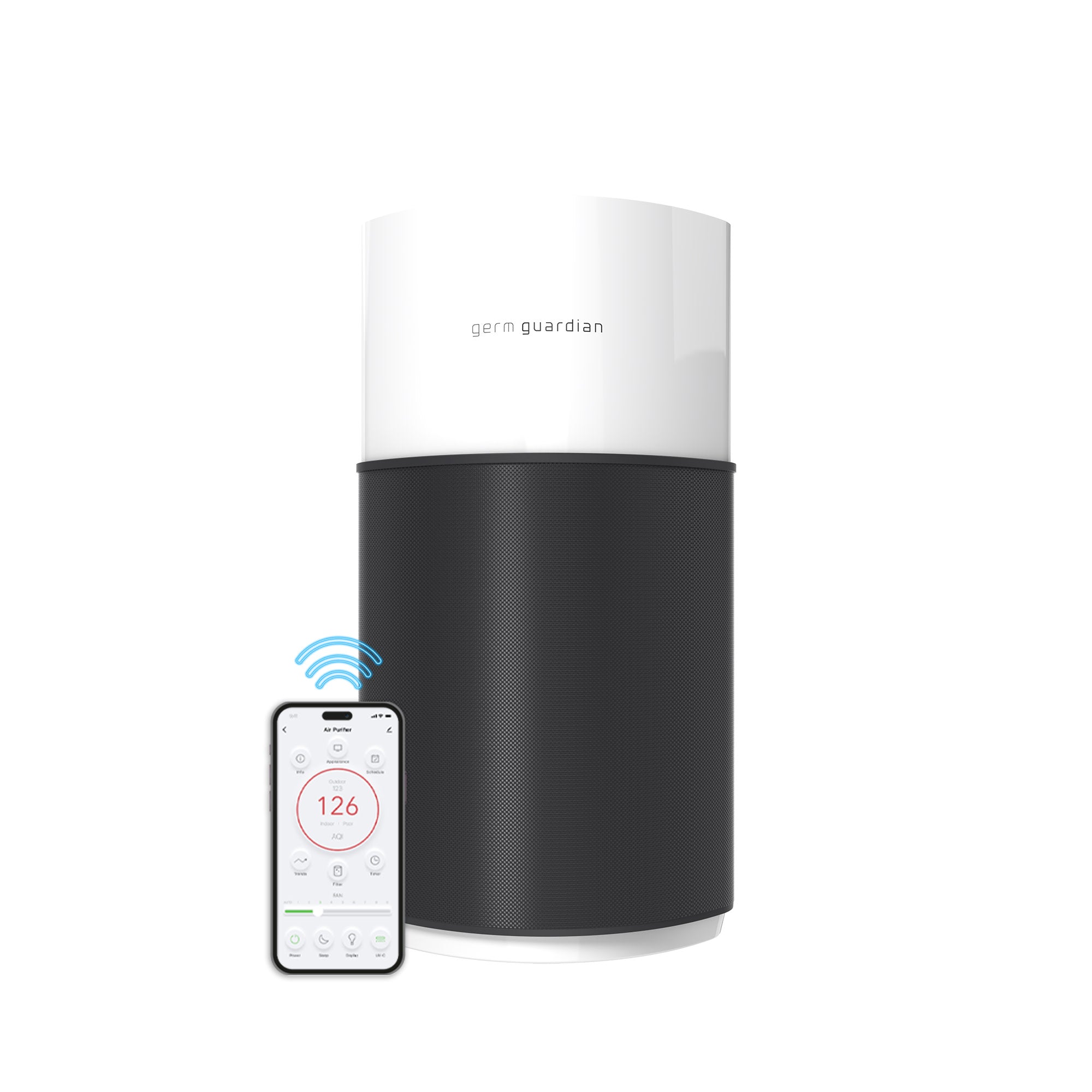 Black and white GermGuardian AC3250 AirSafe+ tower purifier beside an illustrative phone graphic