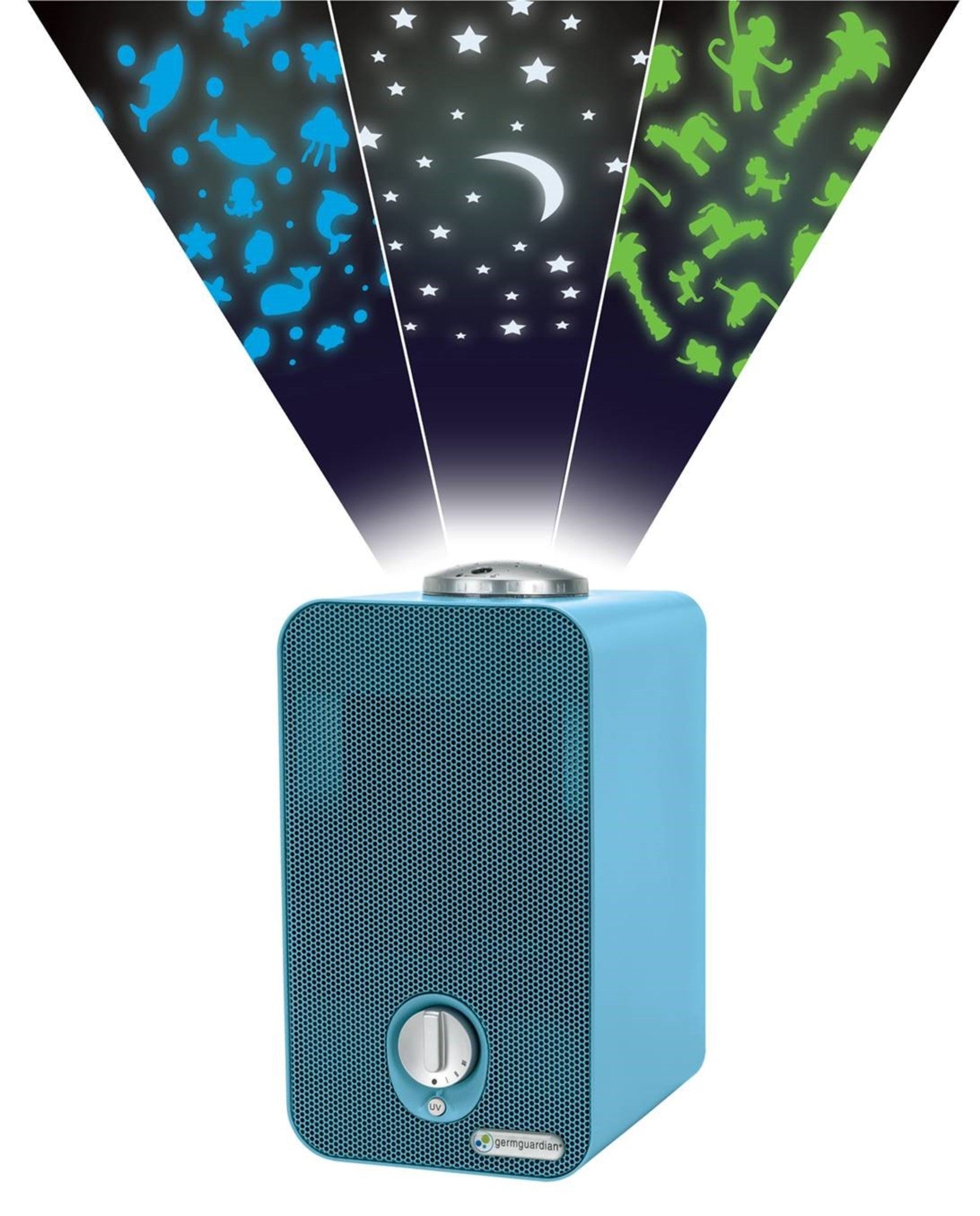 Purificatore da tavolo GermGuardian AC4150 blu che proietta tre temi illustrati sul soffitto, nell'immagine della pagina prodotto di Guardian Technologies