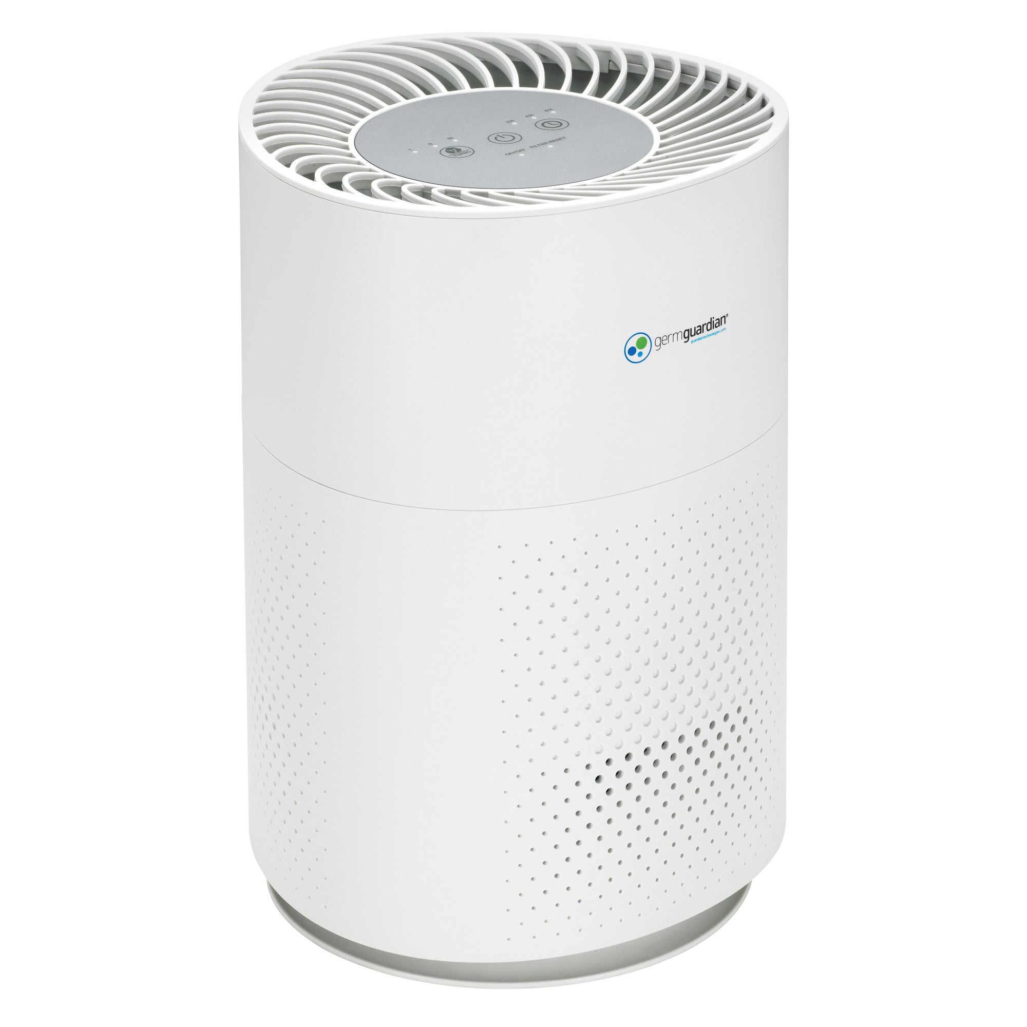 Purificador de aire cilíndrico blanco GermGuardian AC4200W, con cuerpo inferior perforado y controles circulares en la parte superior, en la imagen de la página del producto de Guardian Technologies