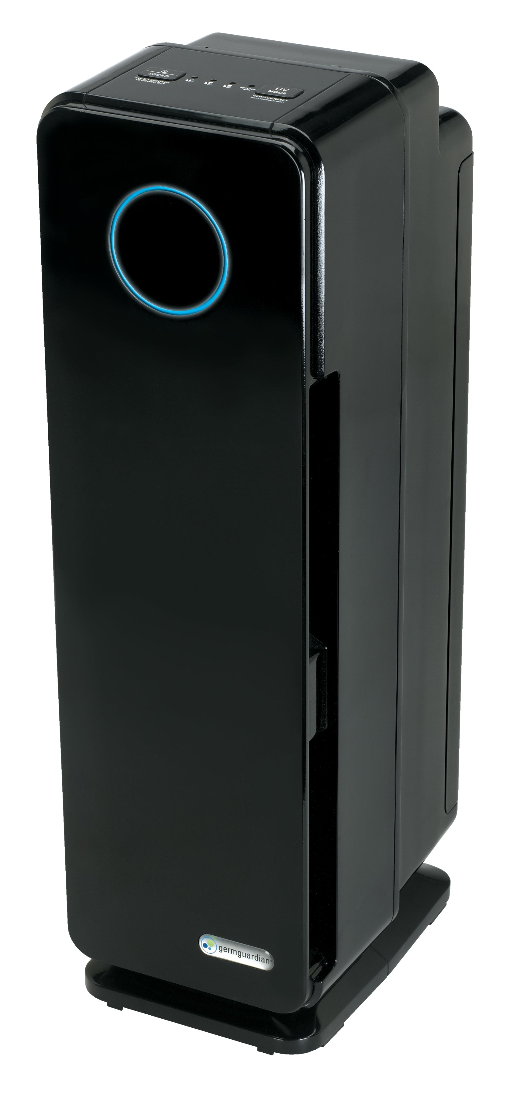 Purificador de torre negro GermGuardian AC4300BPTCA 22-inch con indicador frontal circular azul en la imagen de la página del producto de Guardian Technologies