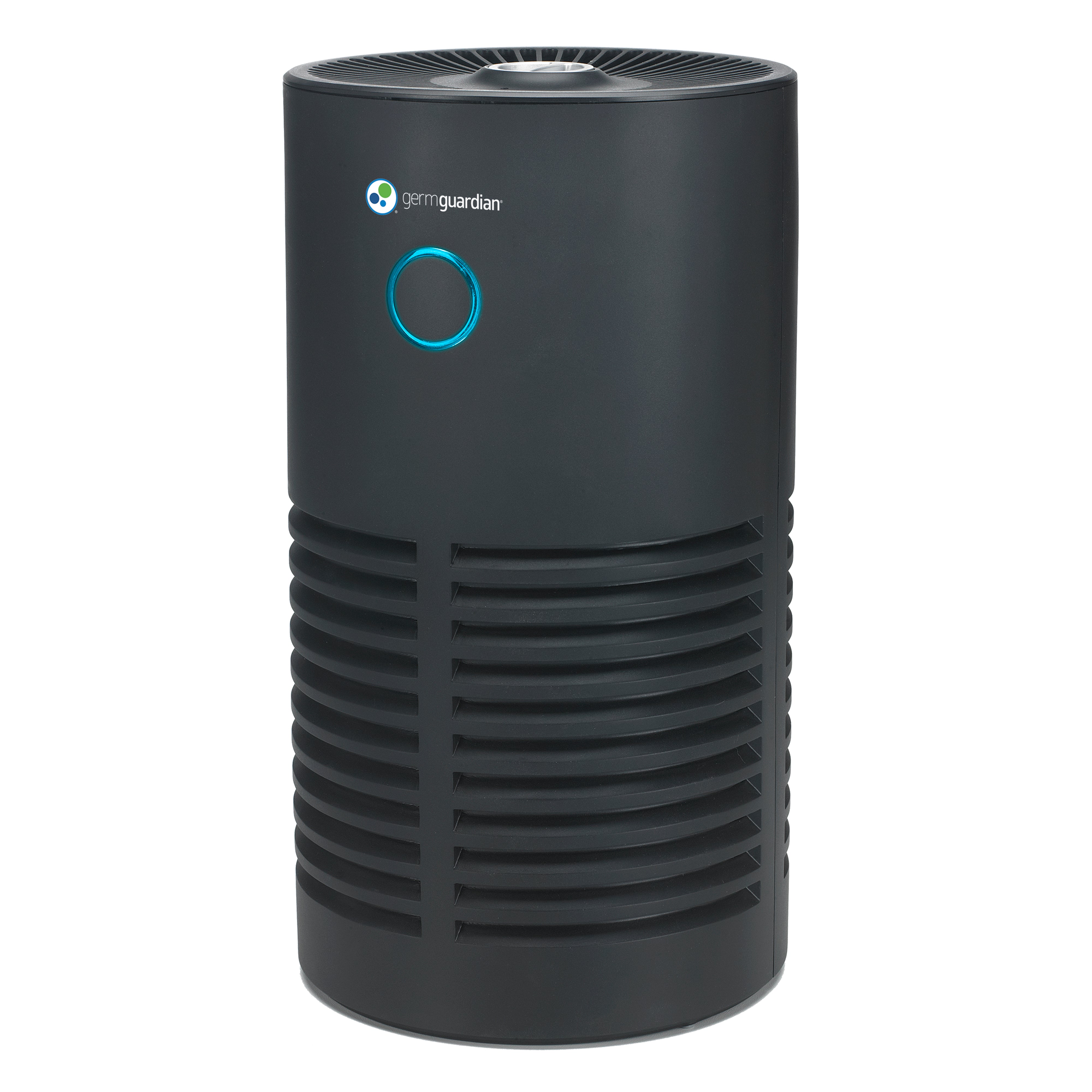 Purificador de torre compacta GermGuardian AC4700B 15-inch negro, con aro frontal circular azul y rejilla de aire inferior, en la imagen de la página del producto de Guardian Technologies