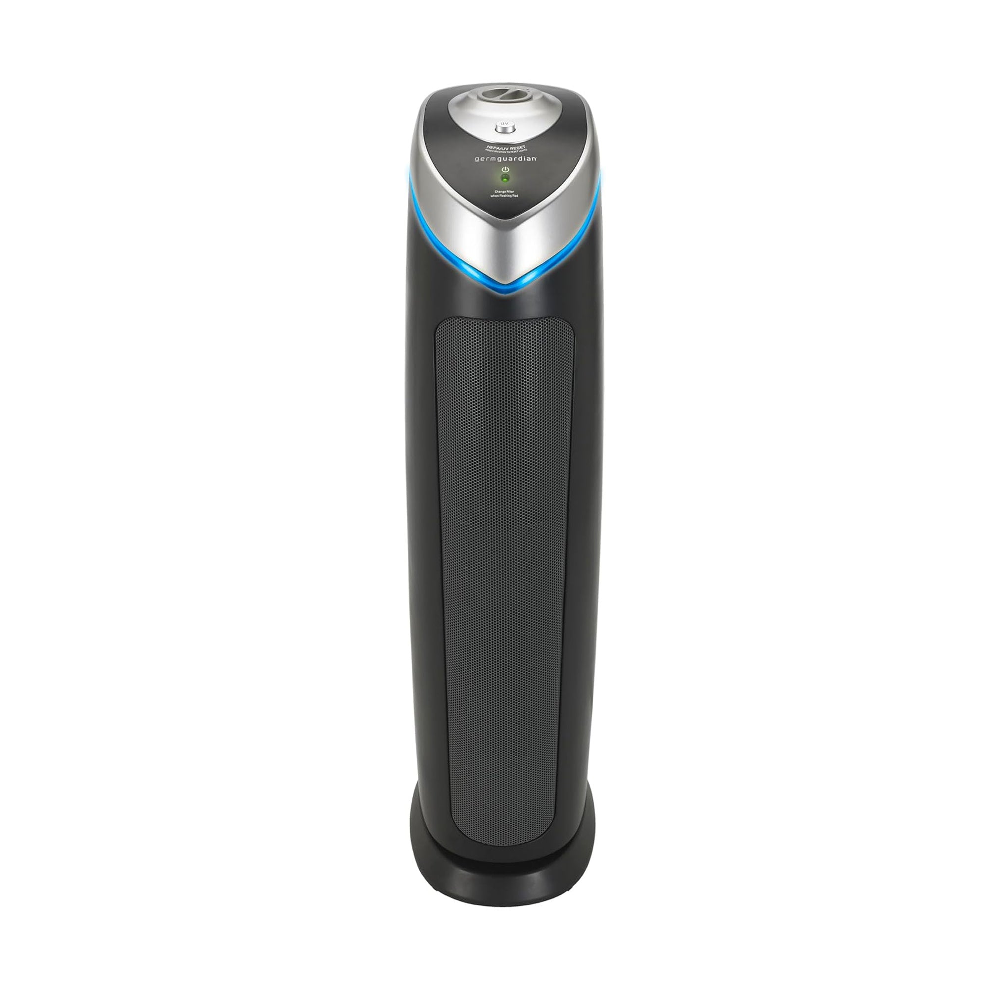 Purificador de torre negro GermGuardian AC5000E 28-inch con perilla superior y aro decorativo azul