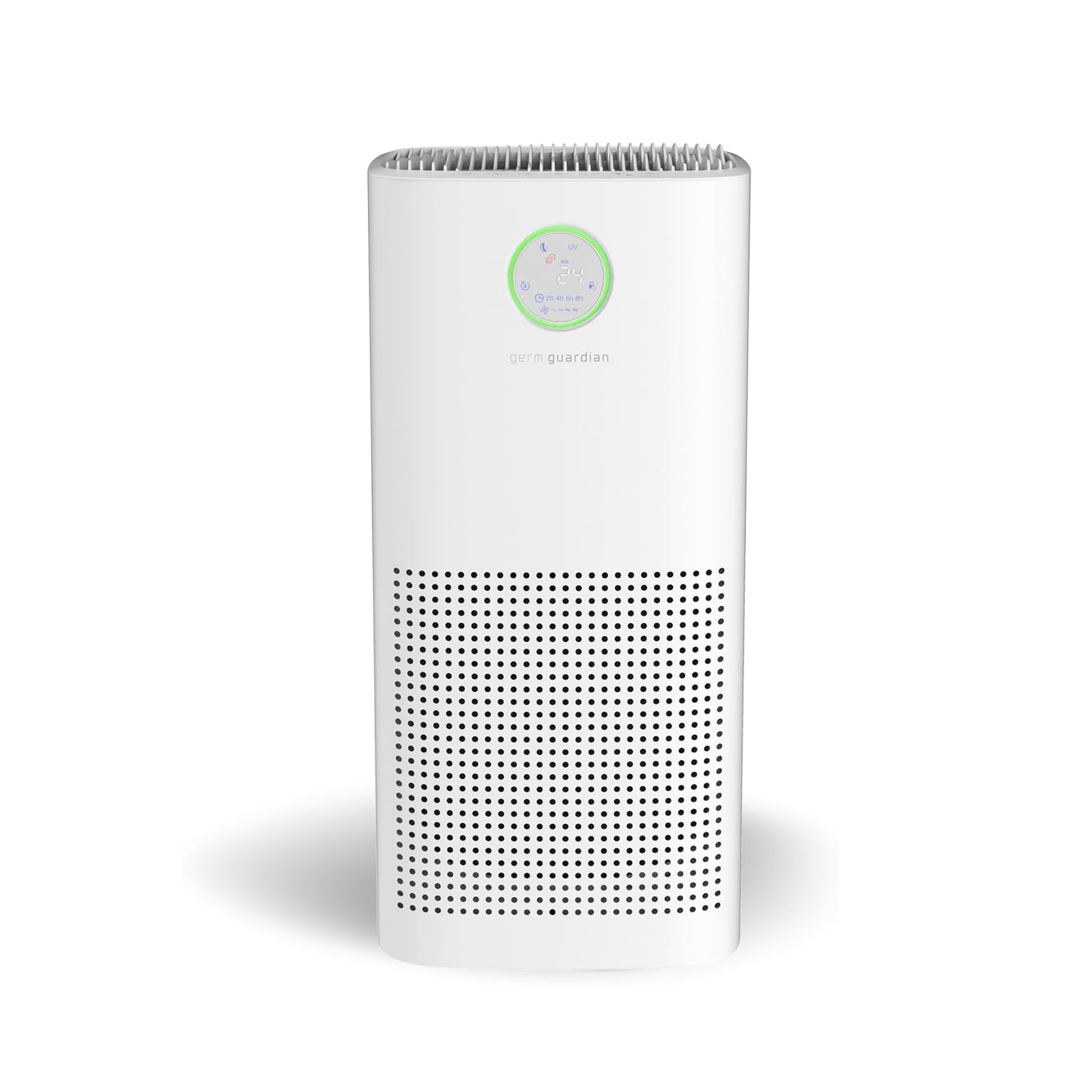 White GermGuardian AC5109W 24-inch console air purifier with a round illuminated air-quality display
