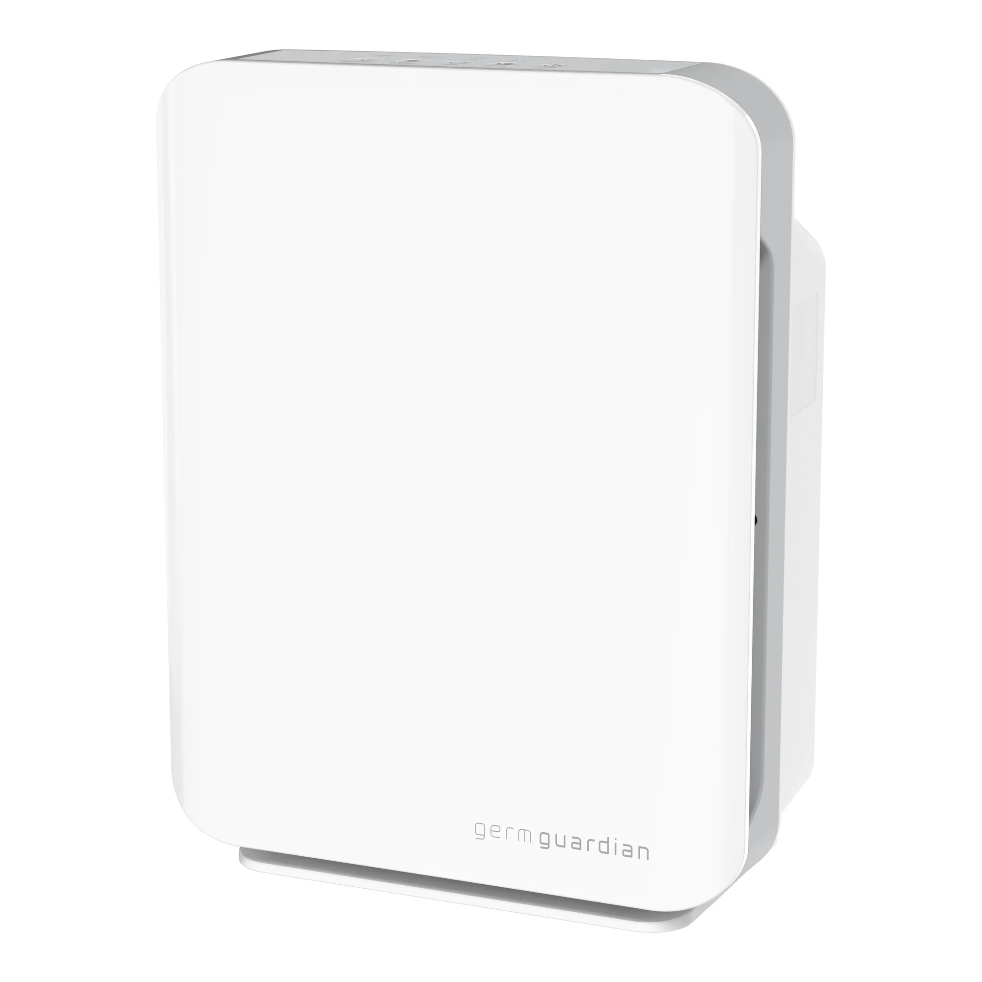 Purificador de consola blanco GermGuardian AC5900WCA 21-inch, mostrado en ángulo con su asa de transporte