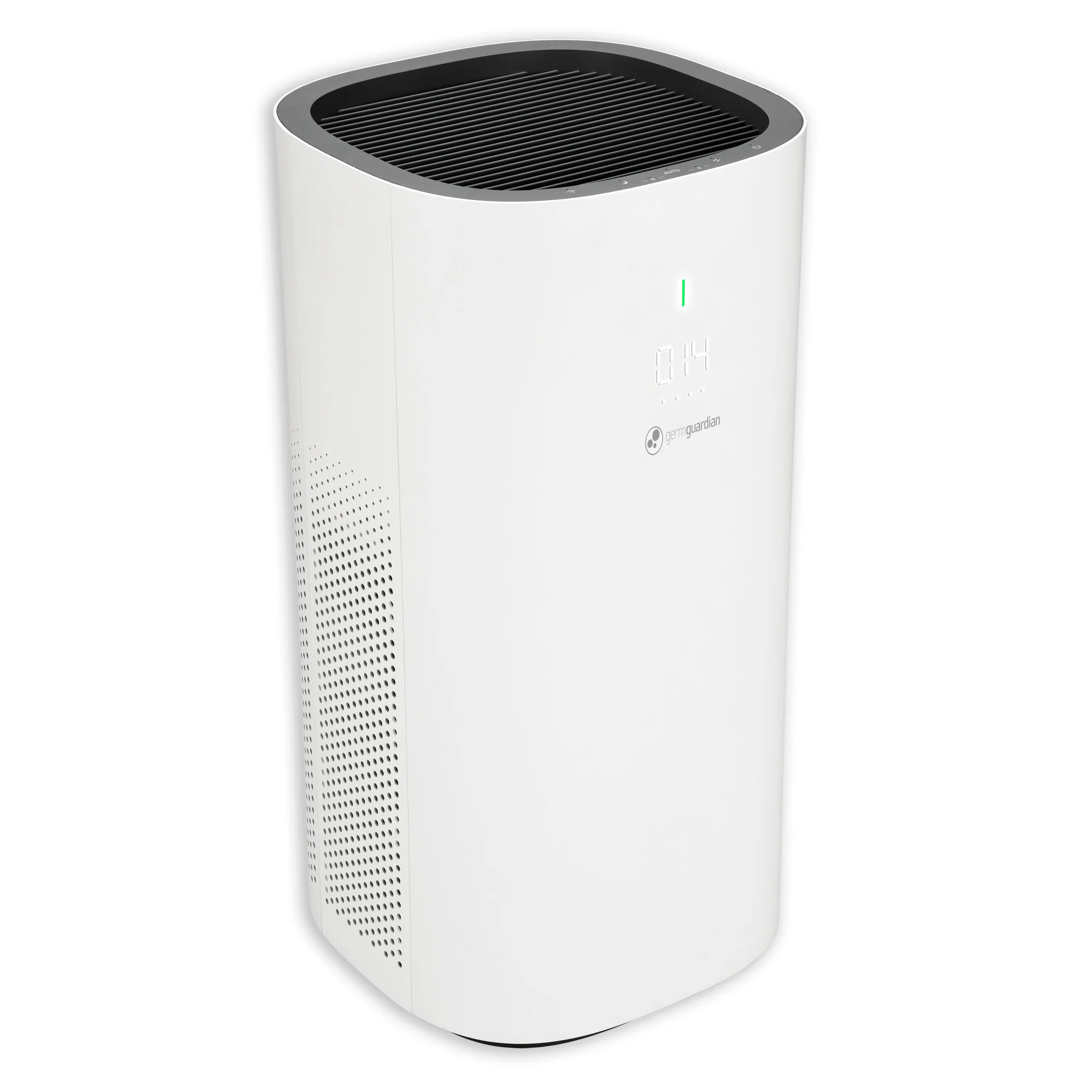 White GermGuardian AC9600W cylindrical 26-inch console purifier with perforated intake and front air-quality display