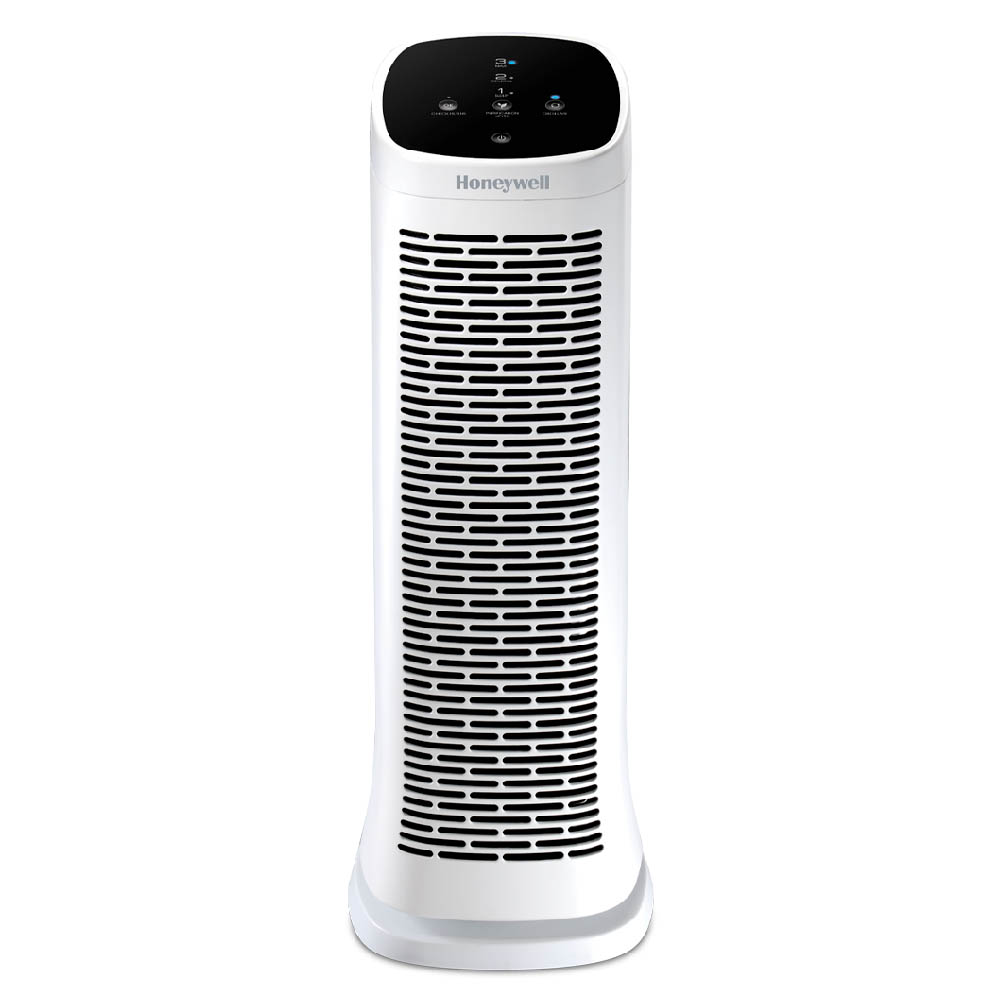 Honeywell Air Genius 3 HFD300 white tower purifier shown upright from the front