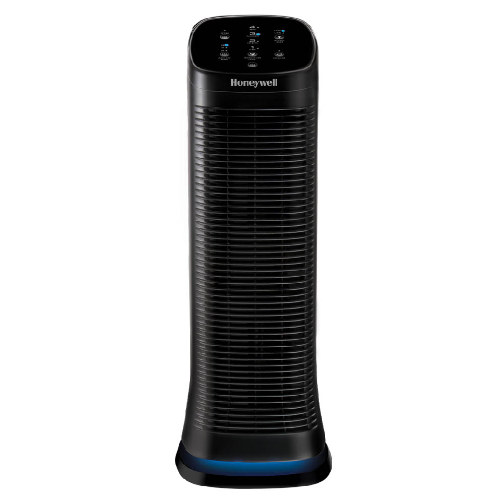 Honeywell Air Genius 4 HFD310 black tower purifier render with four-level local control panel