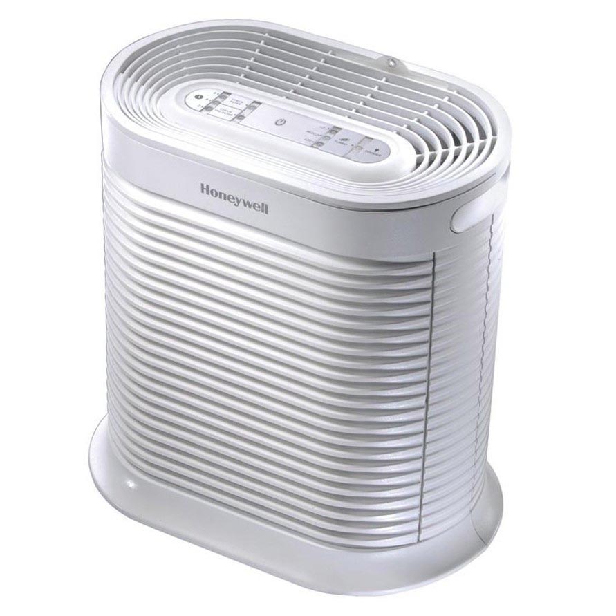 White Honeywell HPA104WMP purifier with oval body and top controls