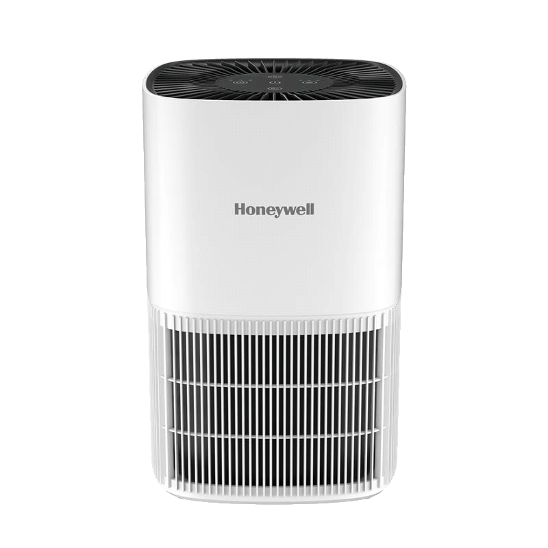White Honeywell HPA120 tabletop purifier with dark top control grille