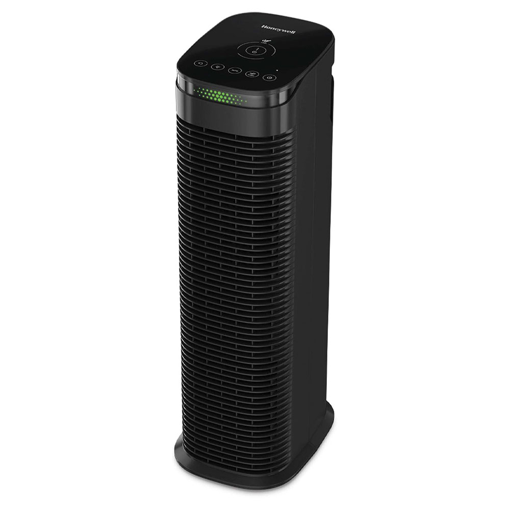 Black Honeywell InSight HPA180B HEPA tower purifier with upper touch controls and a green VOC color indicator
