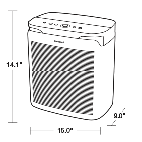 Purificador PowerPlus Honeywell HPA3100B mostrado como un dibujo acotado