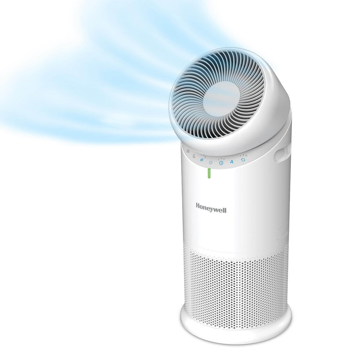 White Honeywell HPA6000 air comfort system with adjustable fan and illustrative blue airflow