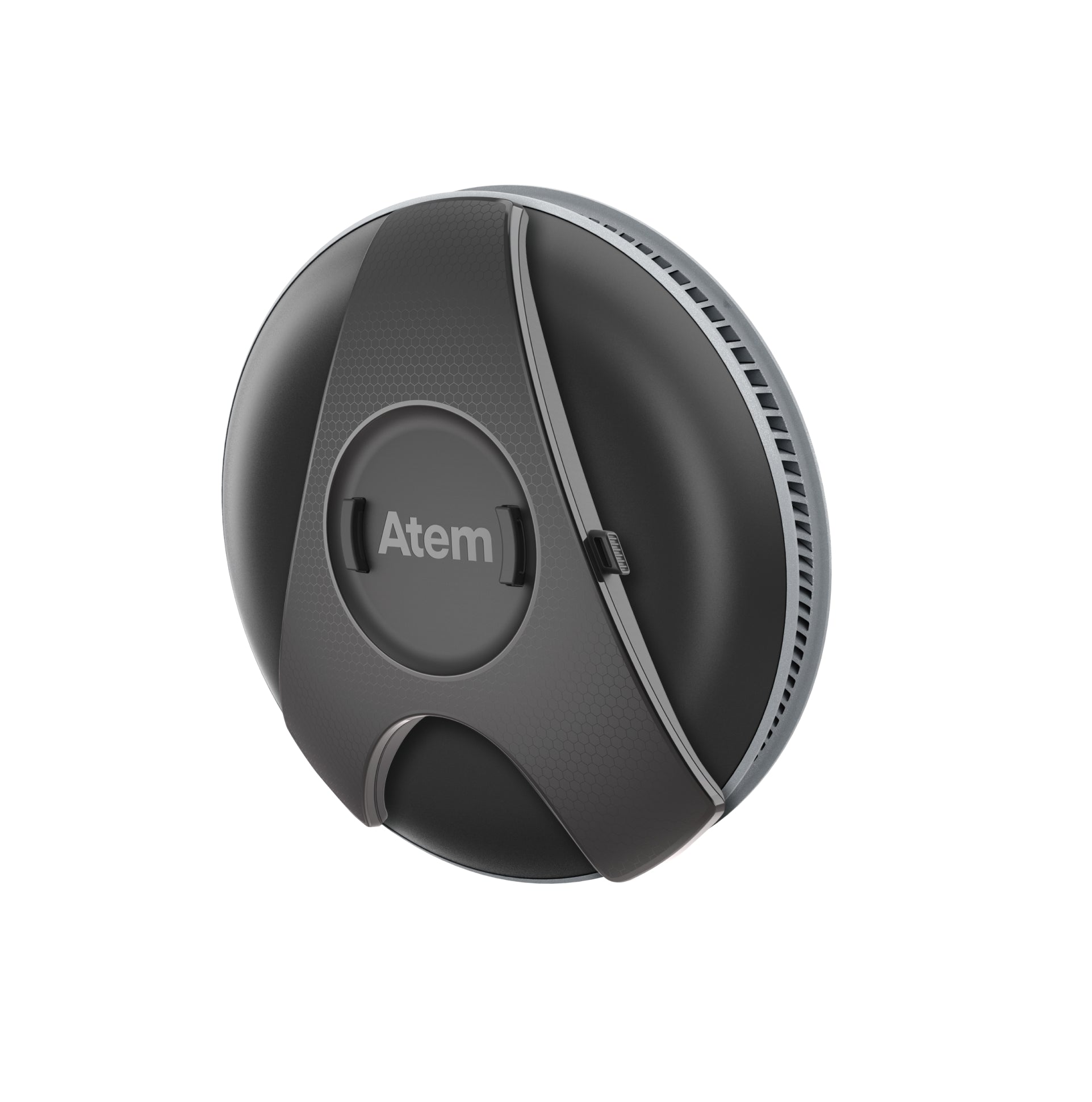 IQAir Atem Car negro instalado en su soporte específico para vehículos de pasajeros, imagen de fabricante.