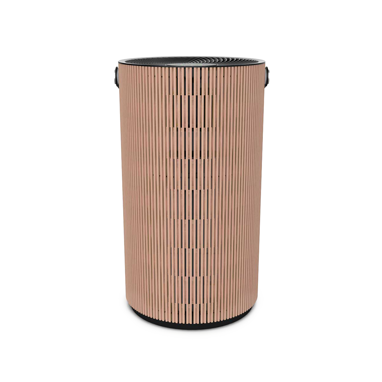 Beechwood-slat IQAir Atem Earth floor purifier, manufacturer render.