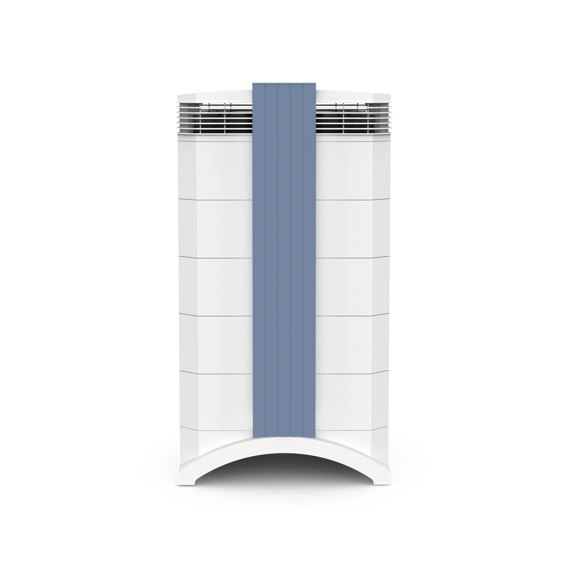 White IQAir GC MultiGas XE room purifier with a blue central front panel, manufacturer render.