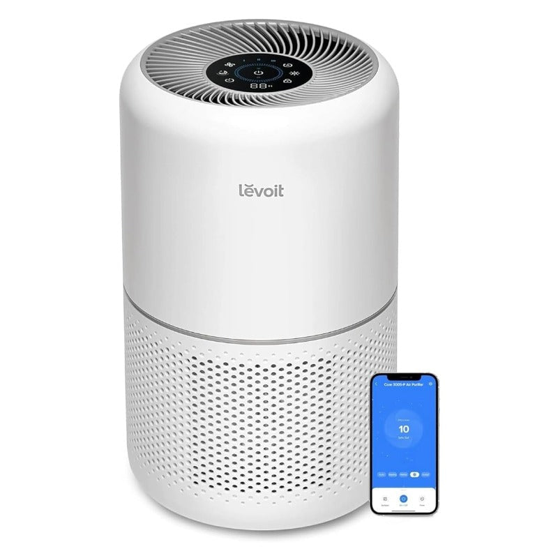 Levoit Core 300S-P cylindrical white purifier with its VeSync app screen pictured beside it