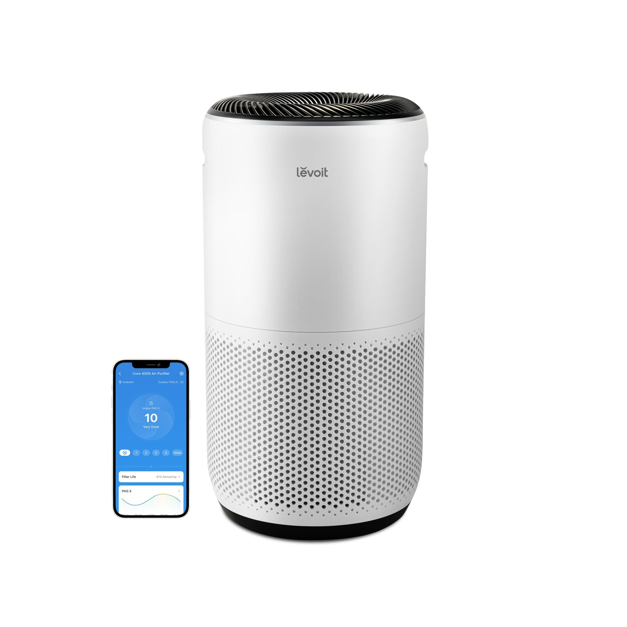 Levoit Core 400S-P taller white purifier with black top outlet and an app phone image