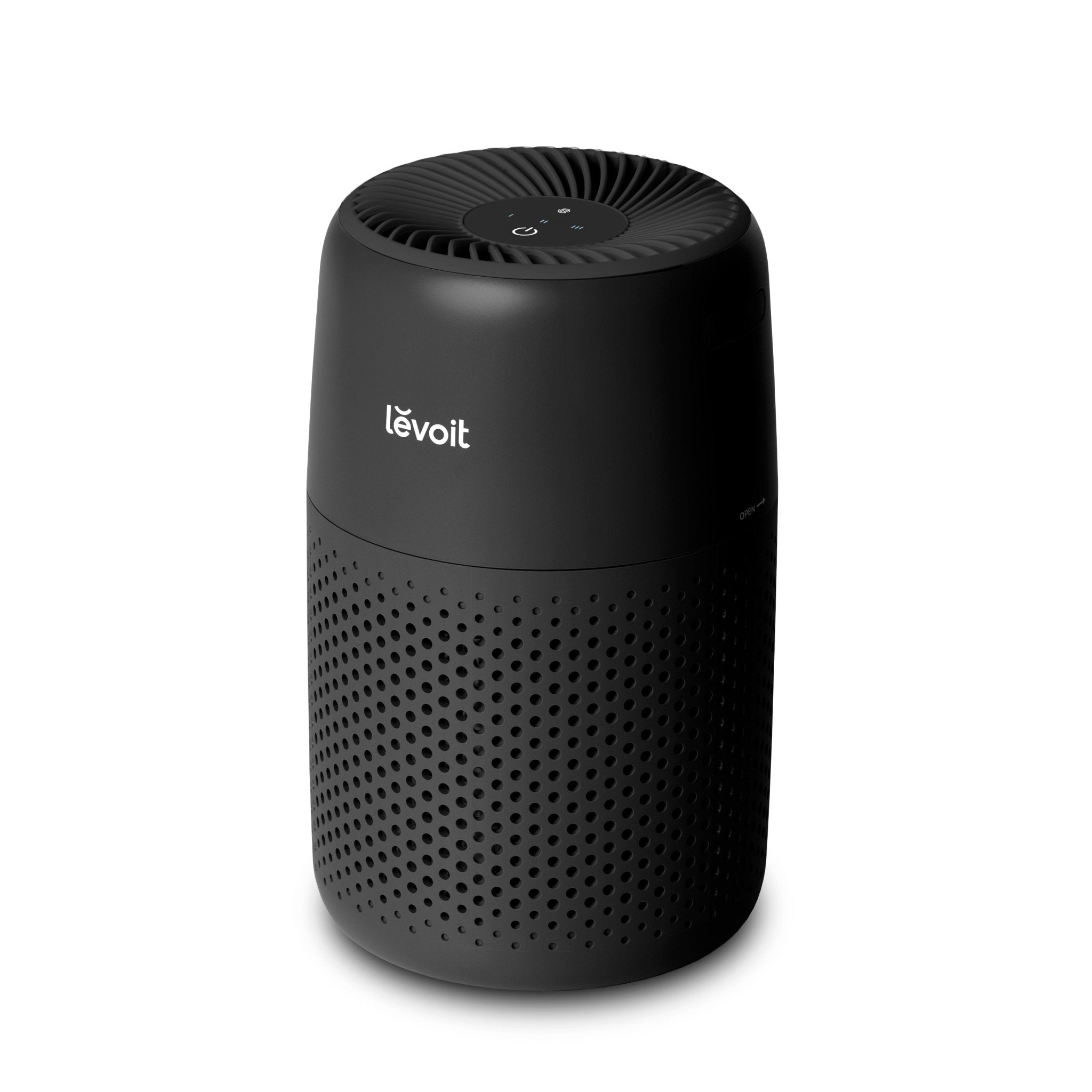 Black Levoit Core Mini-P with top controls and a perforated lower intake in an official product render