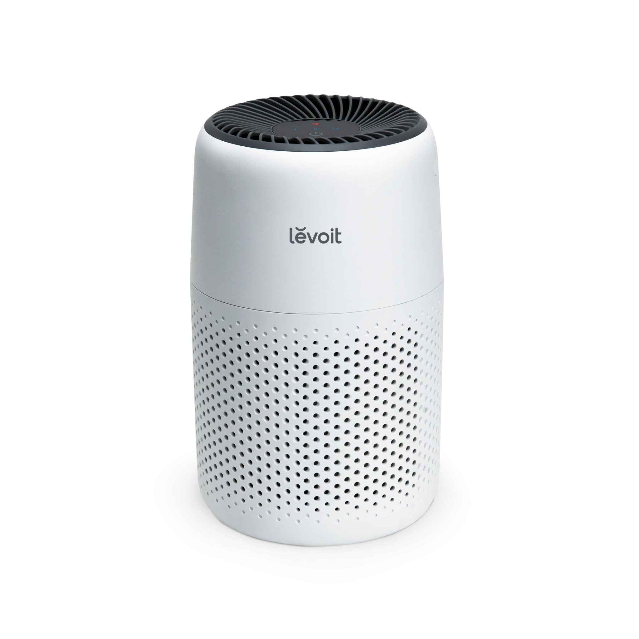 White Levoit Core Mini-P compact purifier with dark top controls and perforated lower intake
