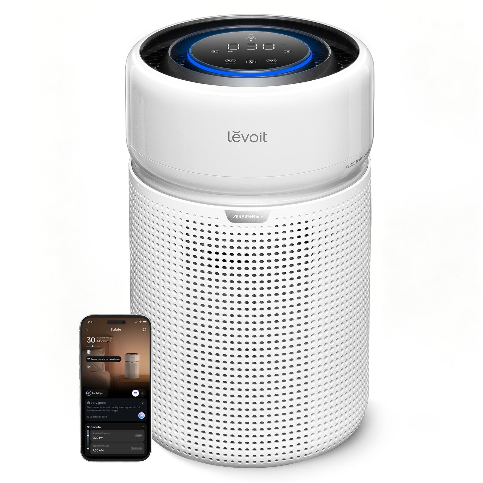 White Levoit Eleva 300X purifier with top numeric display, perforated intake and illustrative app screen